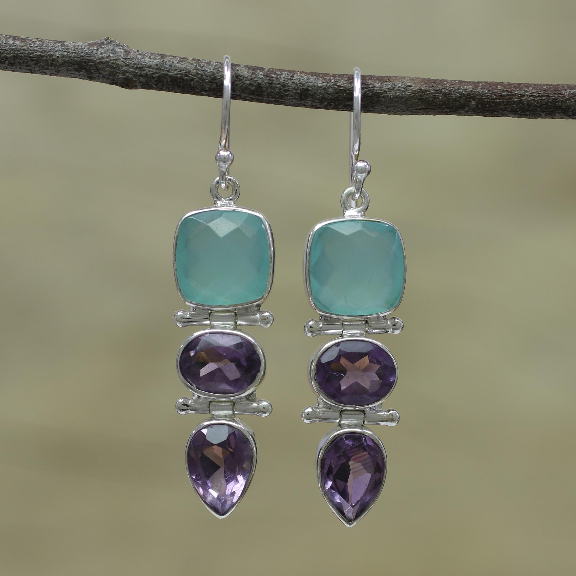 Premium Glittering Muse Amethyst & Blue Chalcedony Dangle Earrings