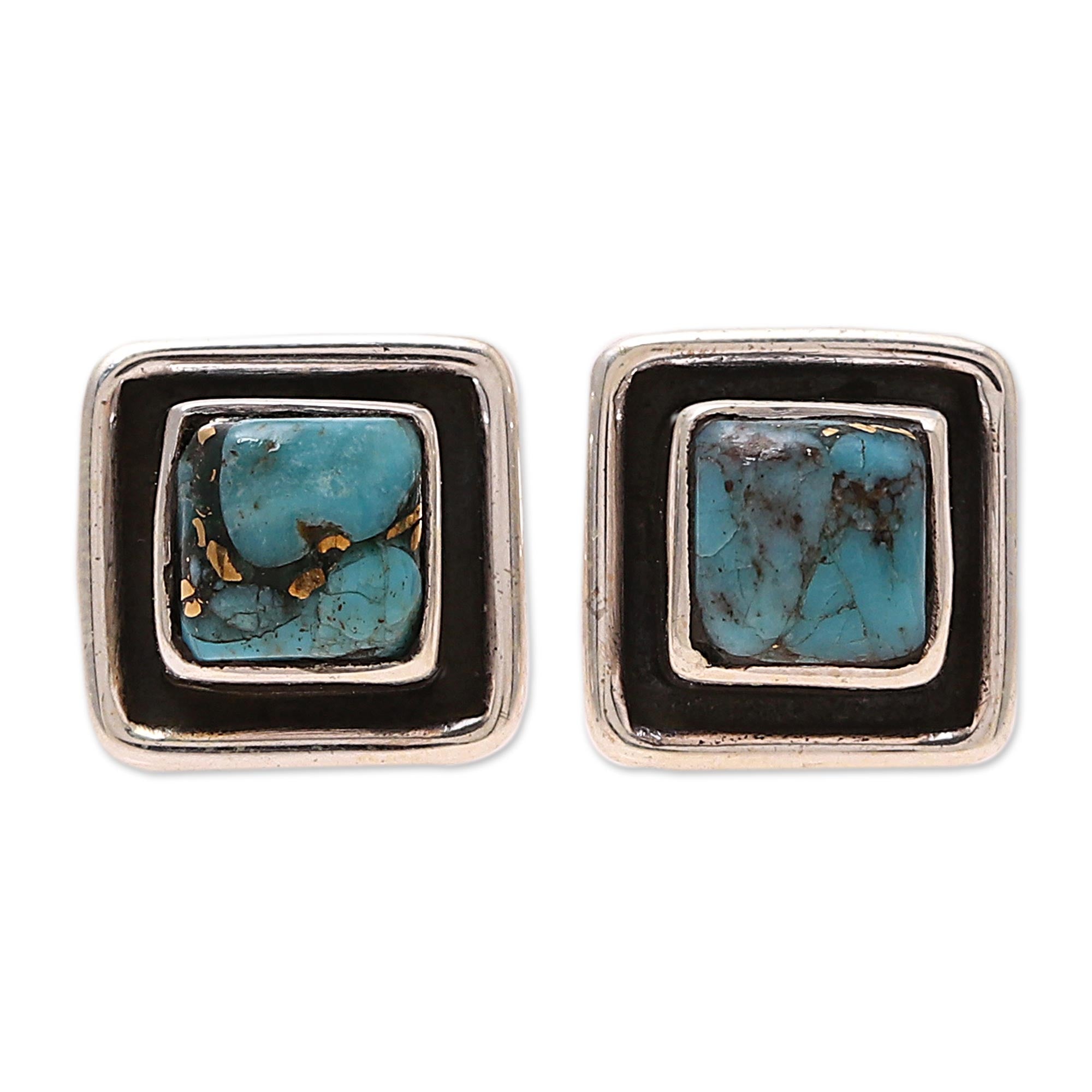 Premium Mystic Frame Square Earrings - Sterling Silver & Composite Turquoise