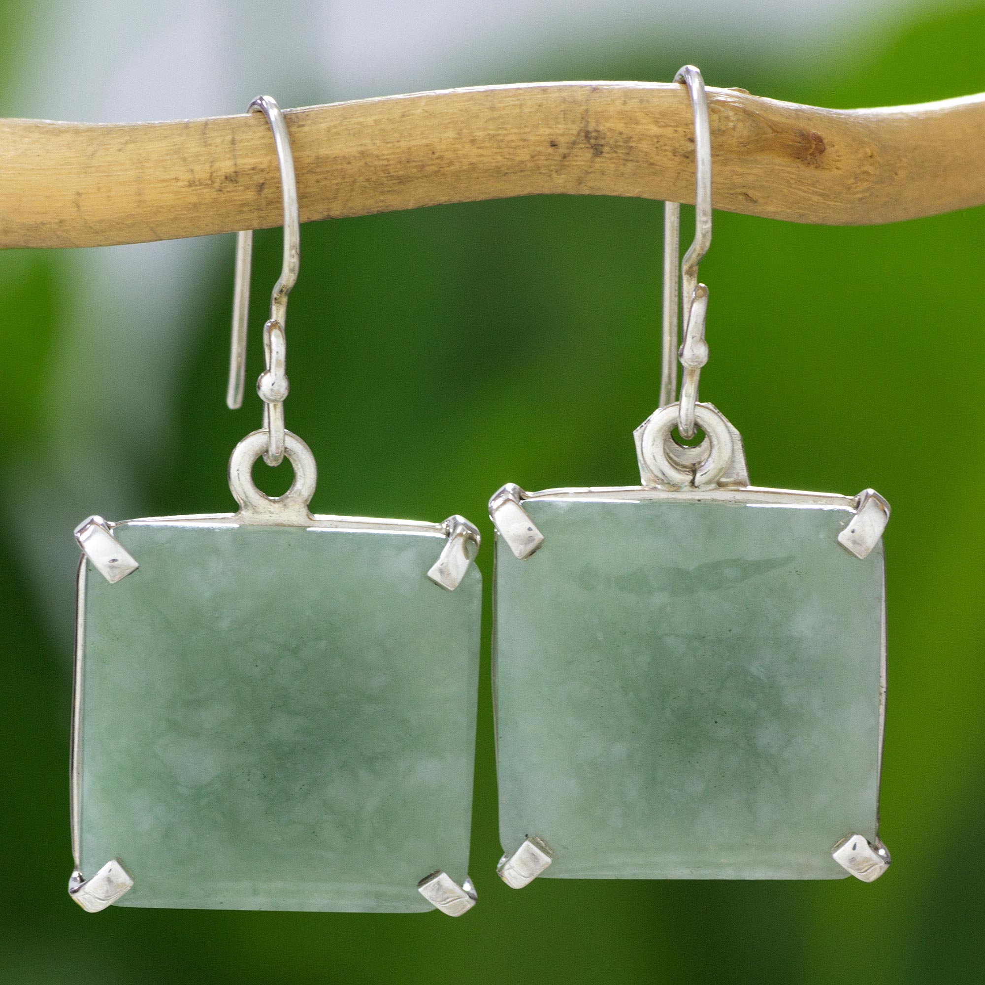 Premium Abstract Square Minimalist Silver and Apple Green Jade Artisan Dangle Earrings