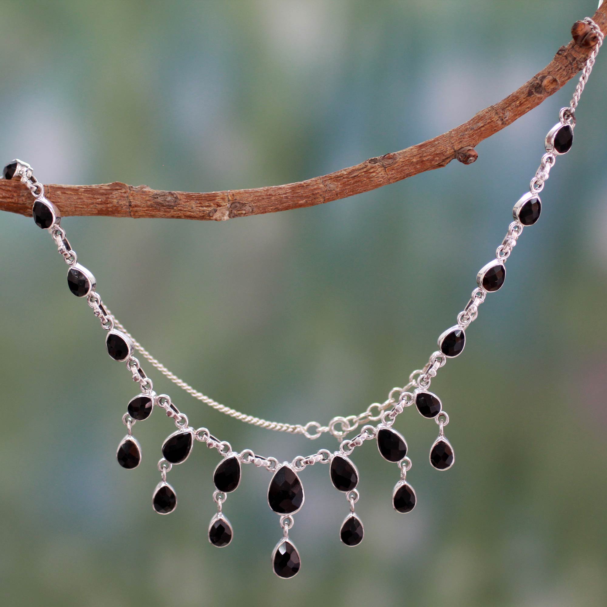 Premium Midnight Cascade Onyx & Silver Waterfall Necklace - Ultimate Minimalist Statement