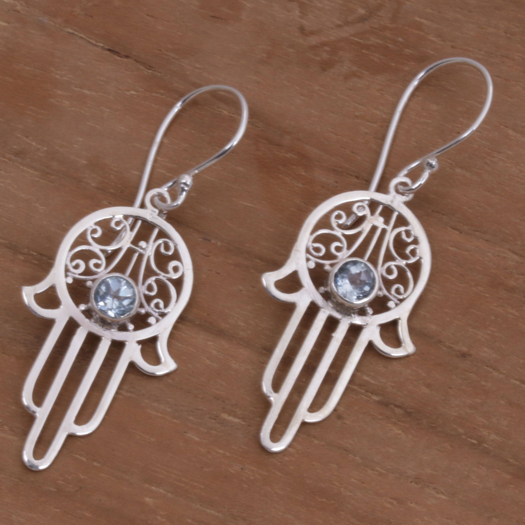 Premium Hamsa Swirls Blue Topaz Sterling Silver Dangle Earrings - Ultimate Protection & Style