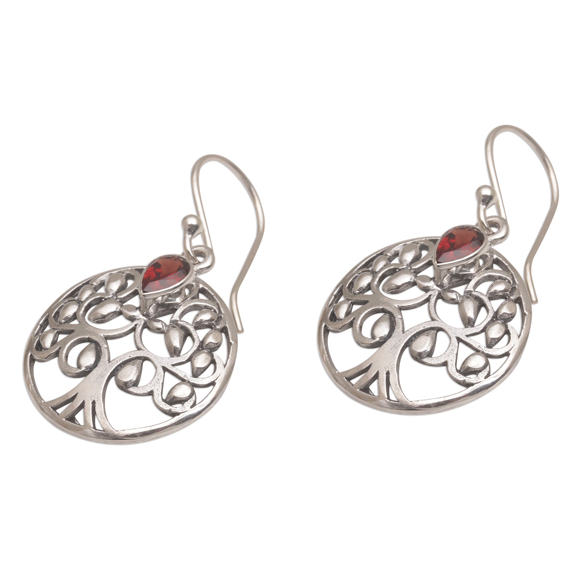 Premium Balinese Garnet & Sterling Silver Tree Dangle Earrings - Handcrafted Elegance