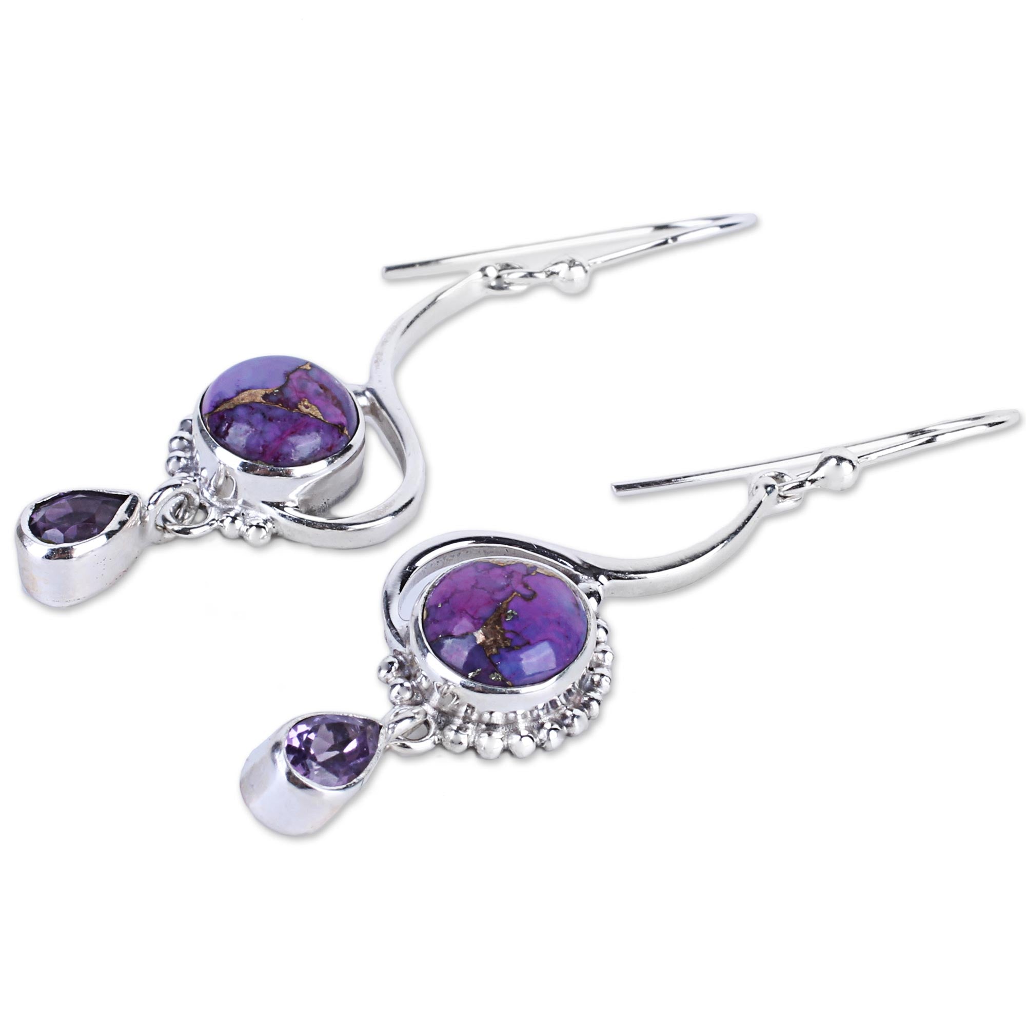 Premium Sterling Silver Dangle Earrings with Turquoise & Amethyst