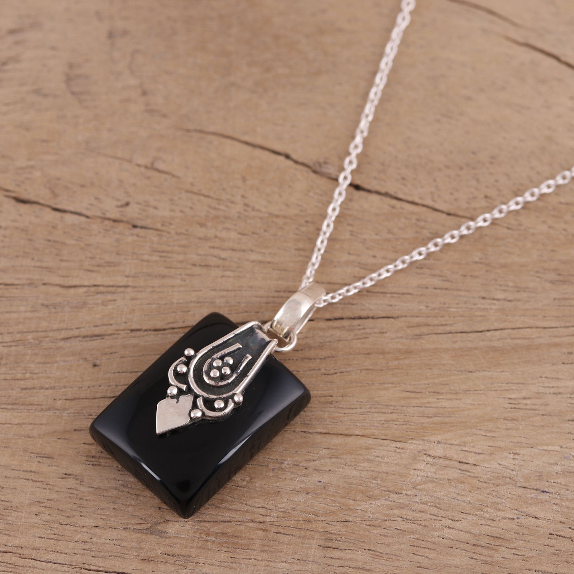 Premium Midnight Greeting Black Onyx & Sterling Silver Pendant Necklace - Handcrafted in India