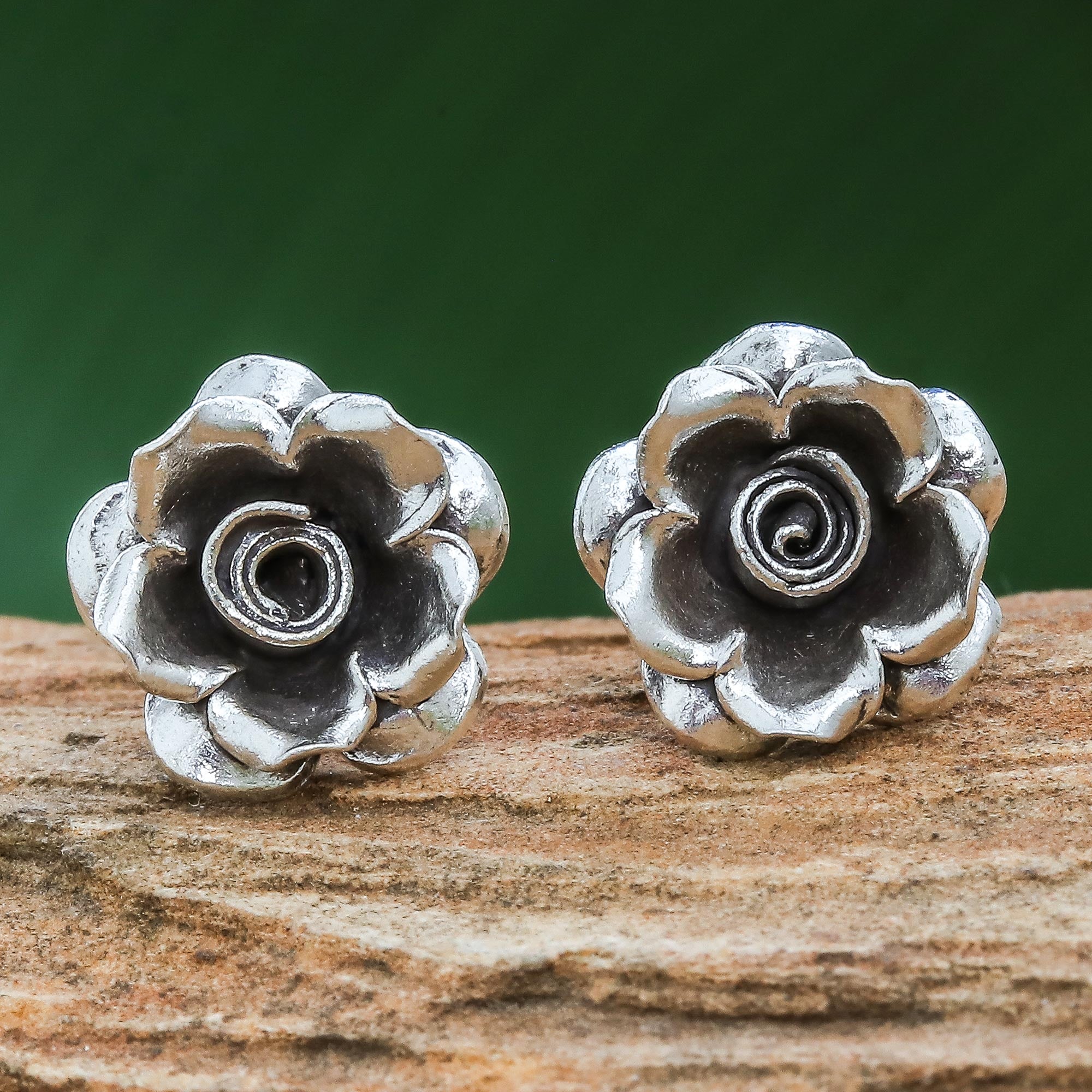 Premium Karen Hill Tribe Silver Rose Button Earrings