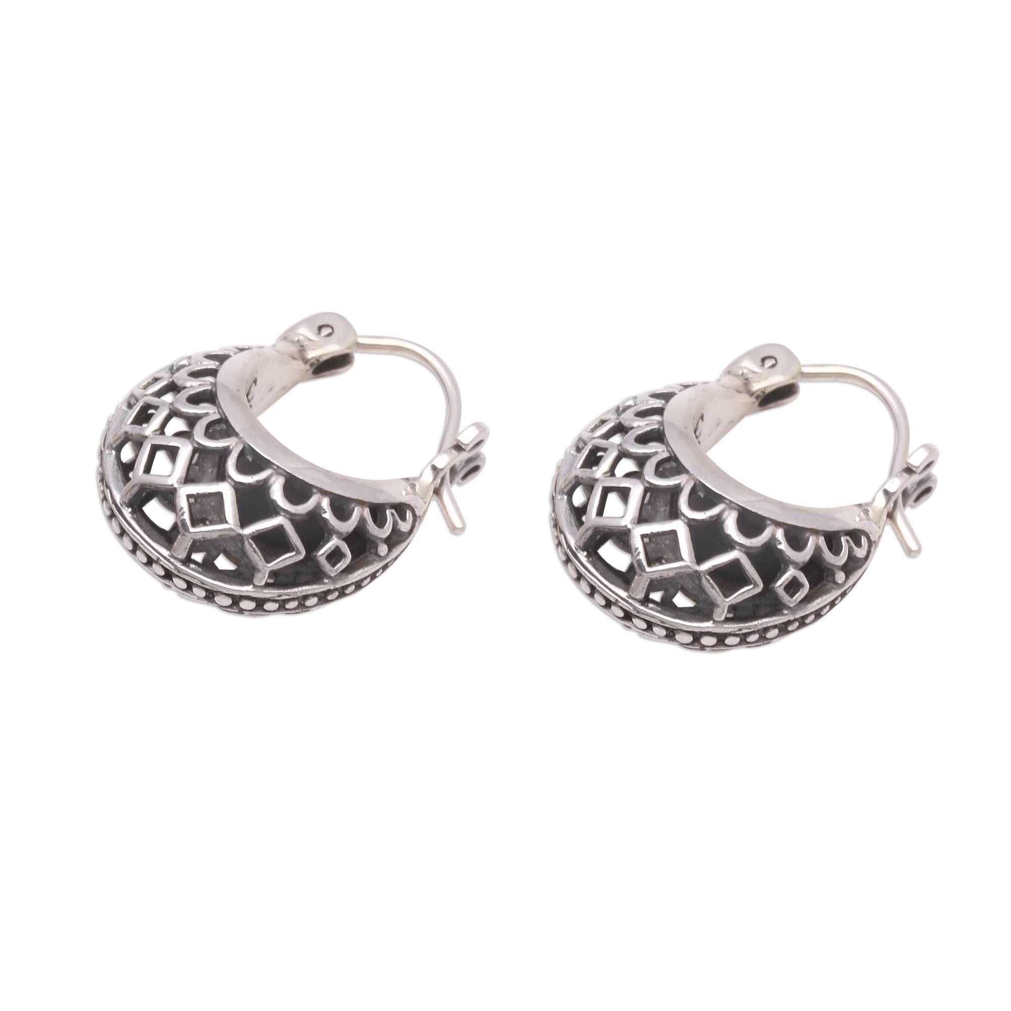 Premium Curved Elegance Openwork Sterling Silver Hoop Earrings - Handcrafted in Bali