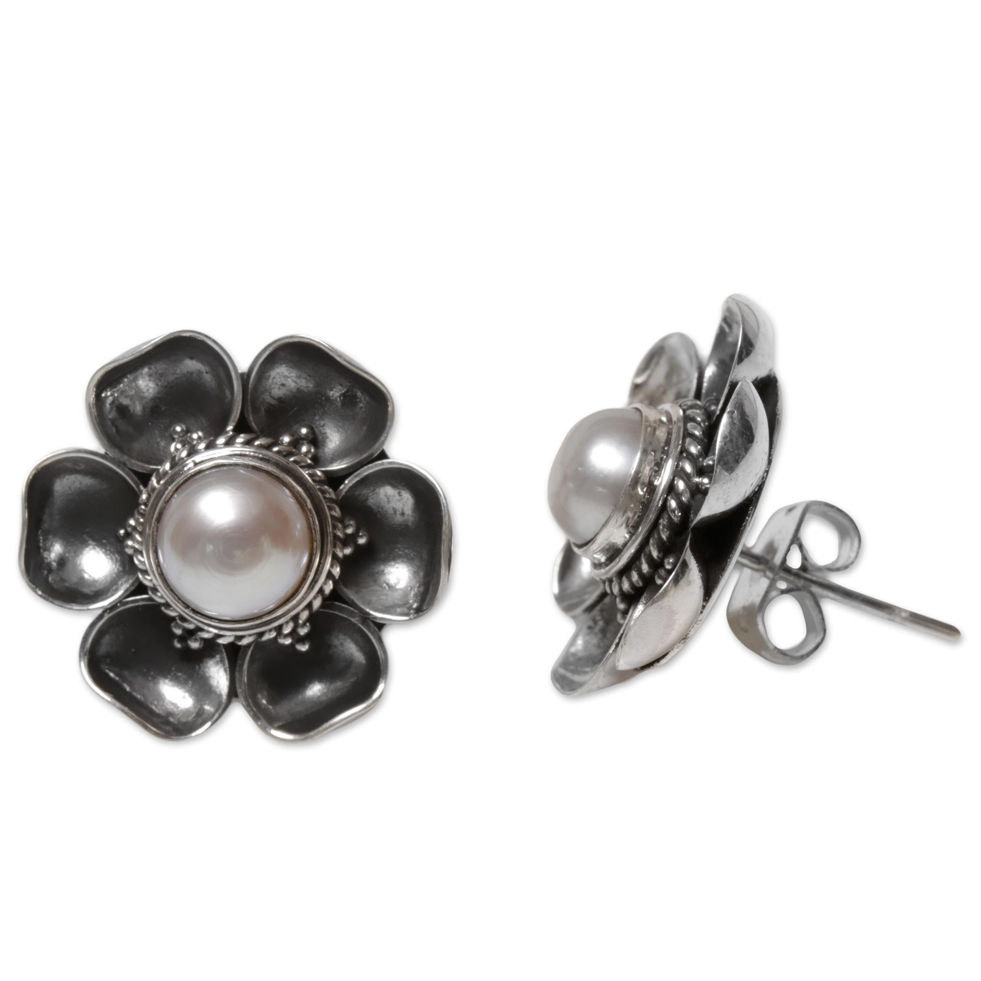 Premium Blooming White Roses Mabe Pearl Silver Earrings