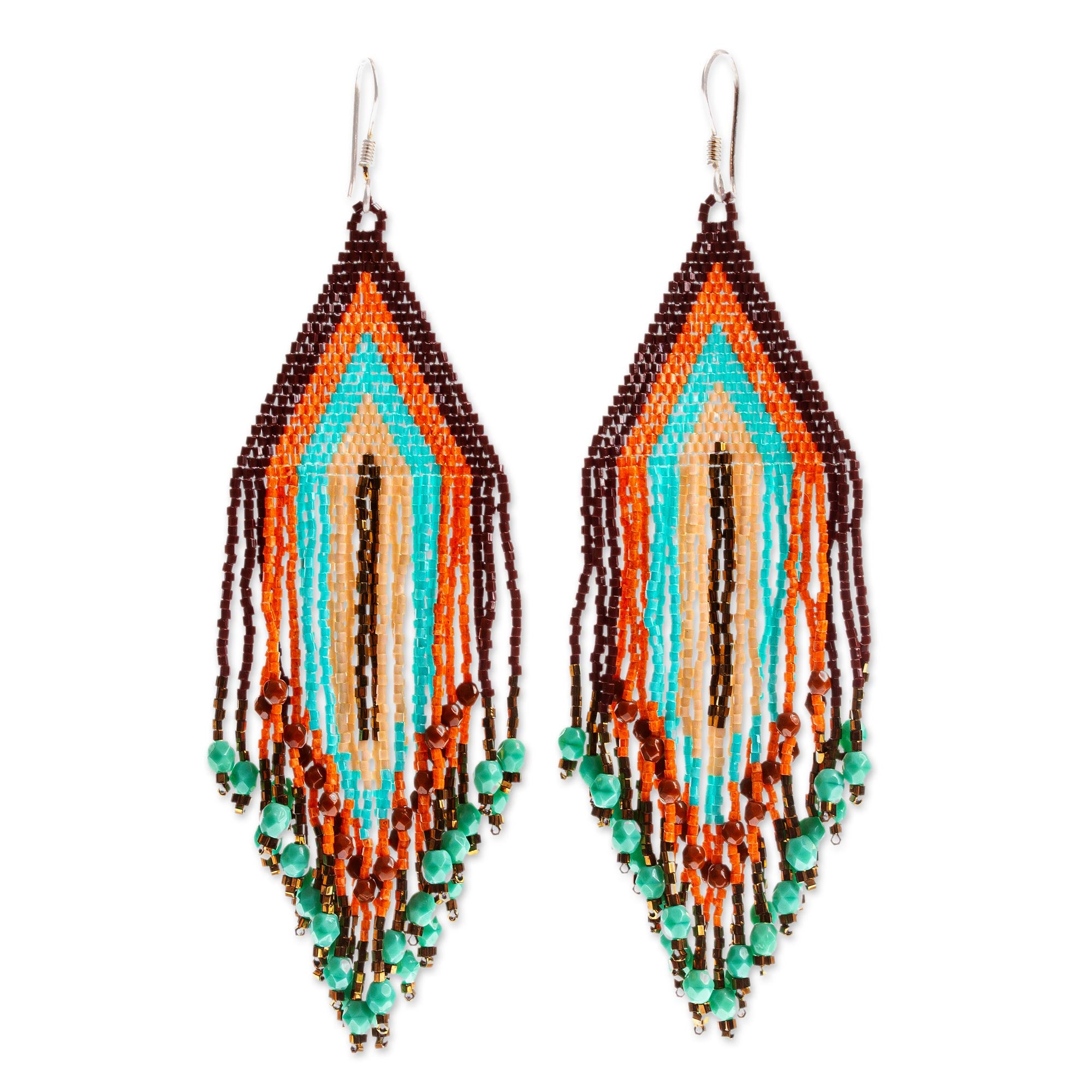 Premium Huichol Beadwork Waterfall Earrings in Peach, Aqua & Tangerine