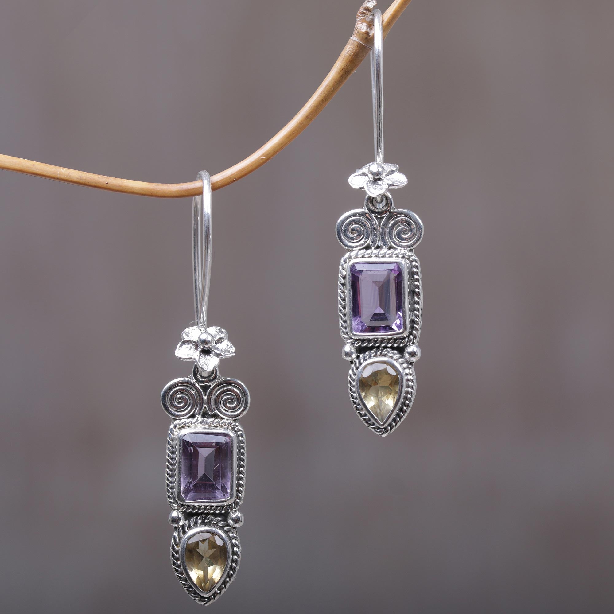 Premium Handmade Sterling Silver Dangle Earrings with Amethyst & Citrine