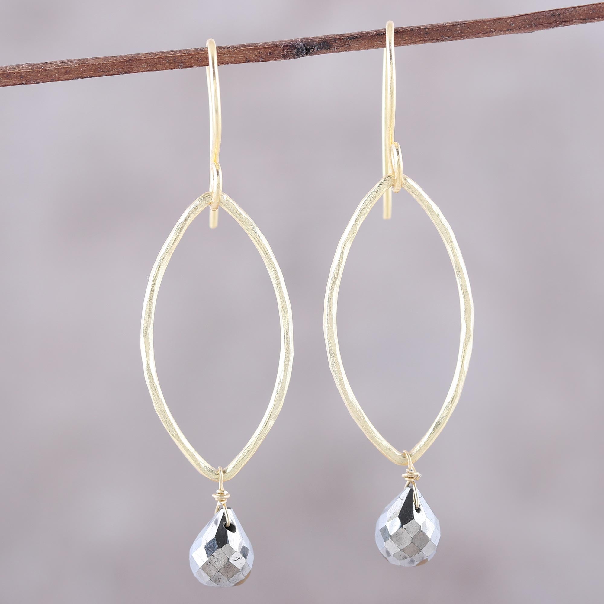 Premium Metallic Gleam Pyrite Dangle Earrings - Handcrafted Gold-Plated Silver