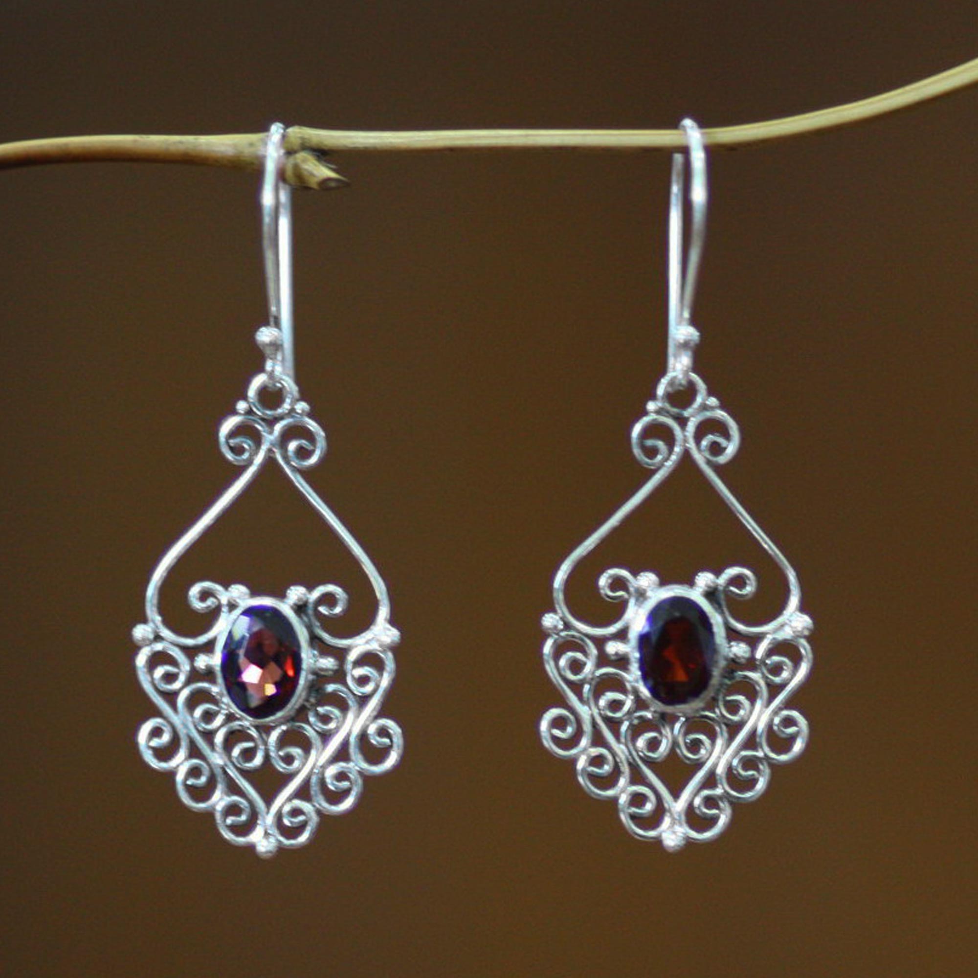 Premium Bali Dynasty Sterling Silver and Garnet Dangle Earrings