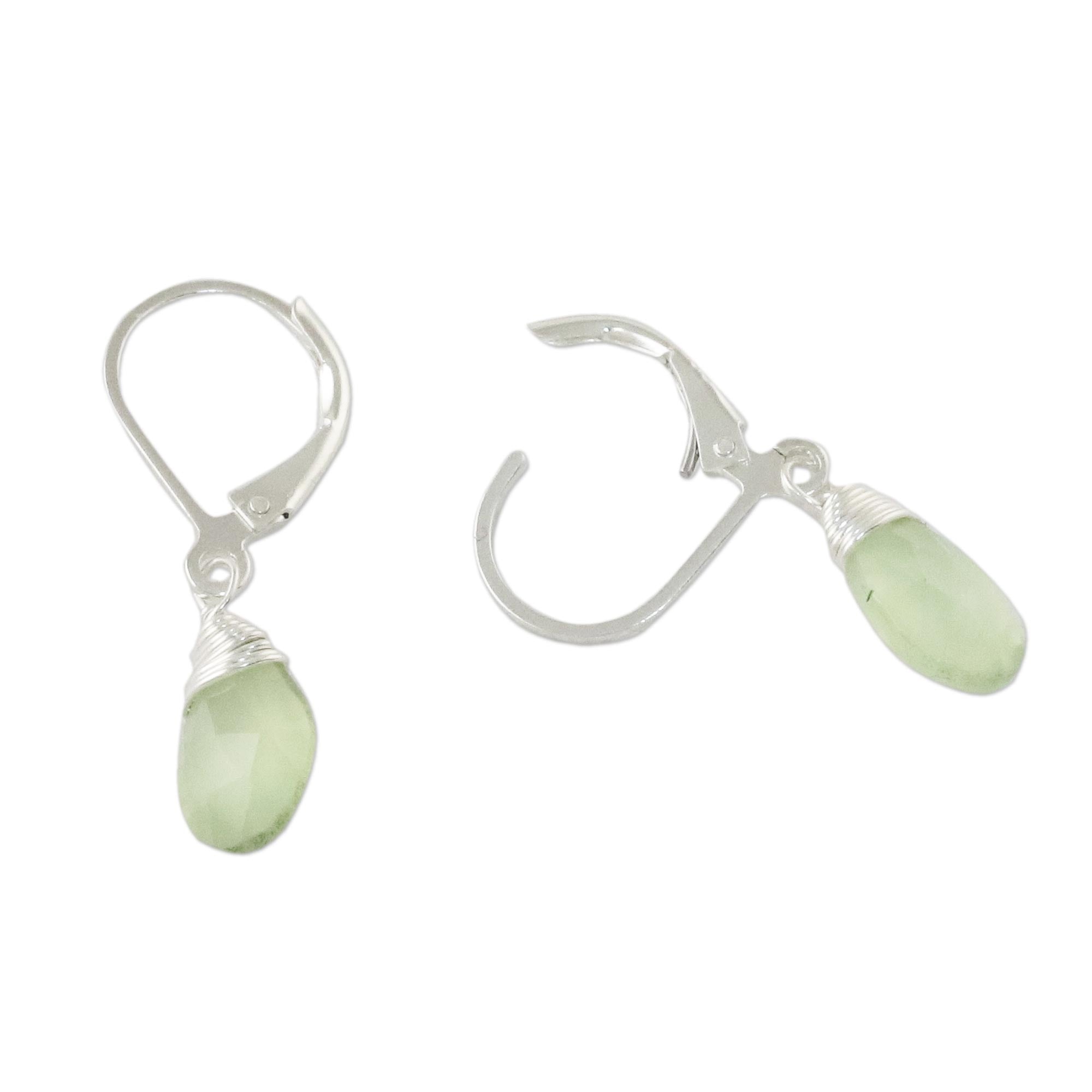 Premium Prehnite Teardrop Dangle Earrings in Sterling Silver - Glamorous Thai Design