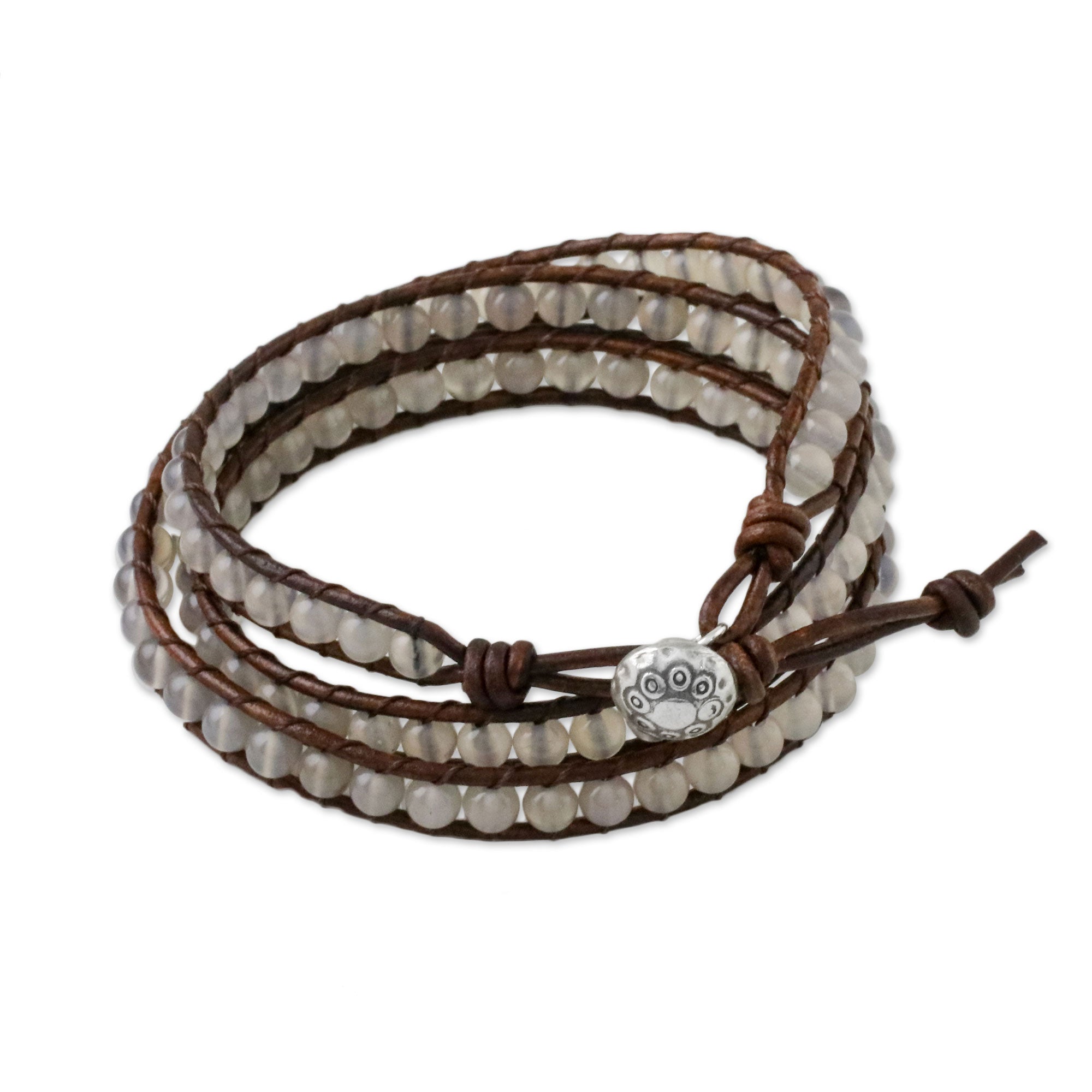 Premium Spring Fog Chalcedony Leather Wrap Bracelet – Handcrafted in Thailand