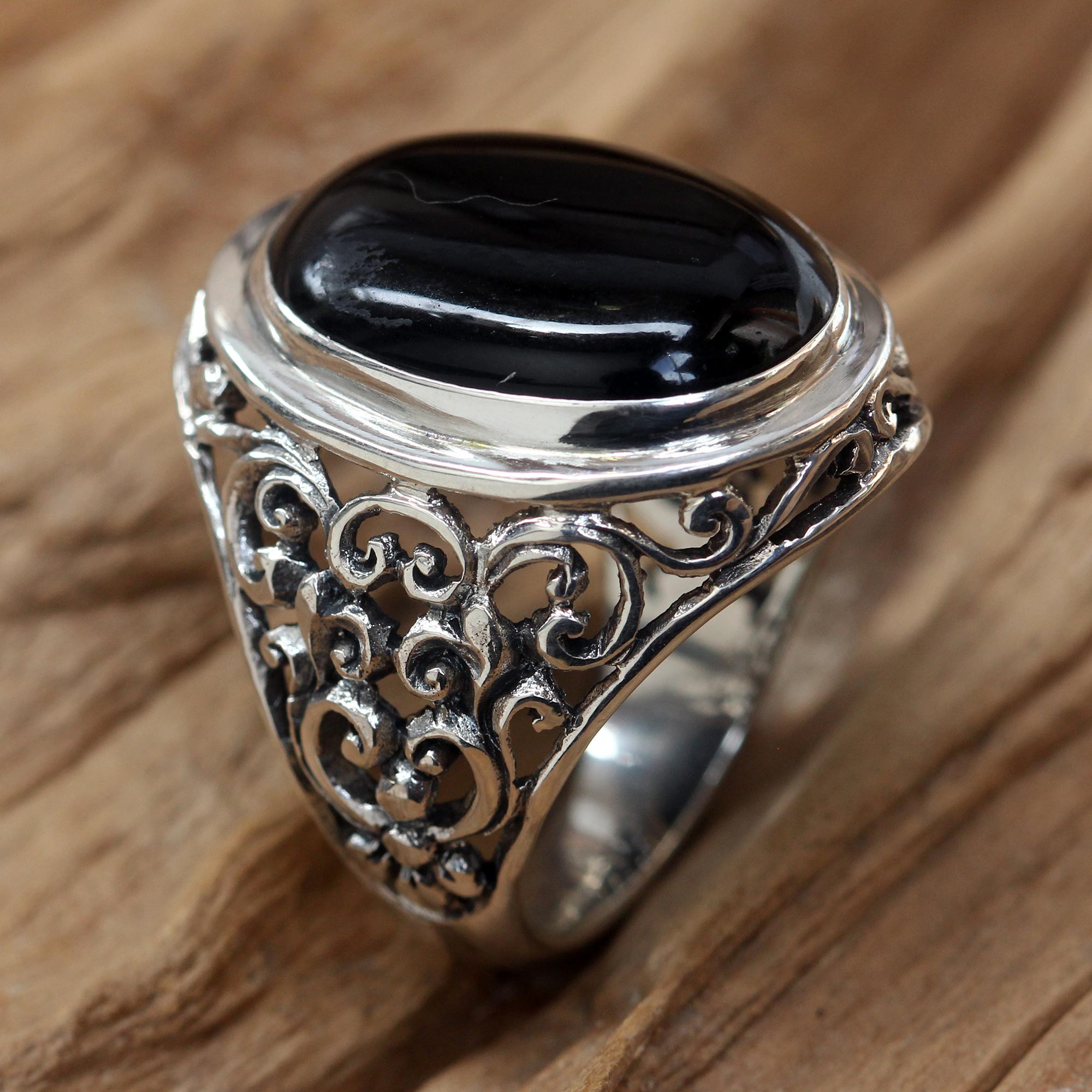 Premium Men's Sterling Silver & Onyx Ring - Handcrafted Night Song Design