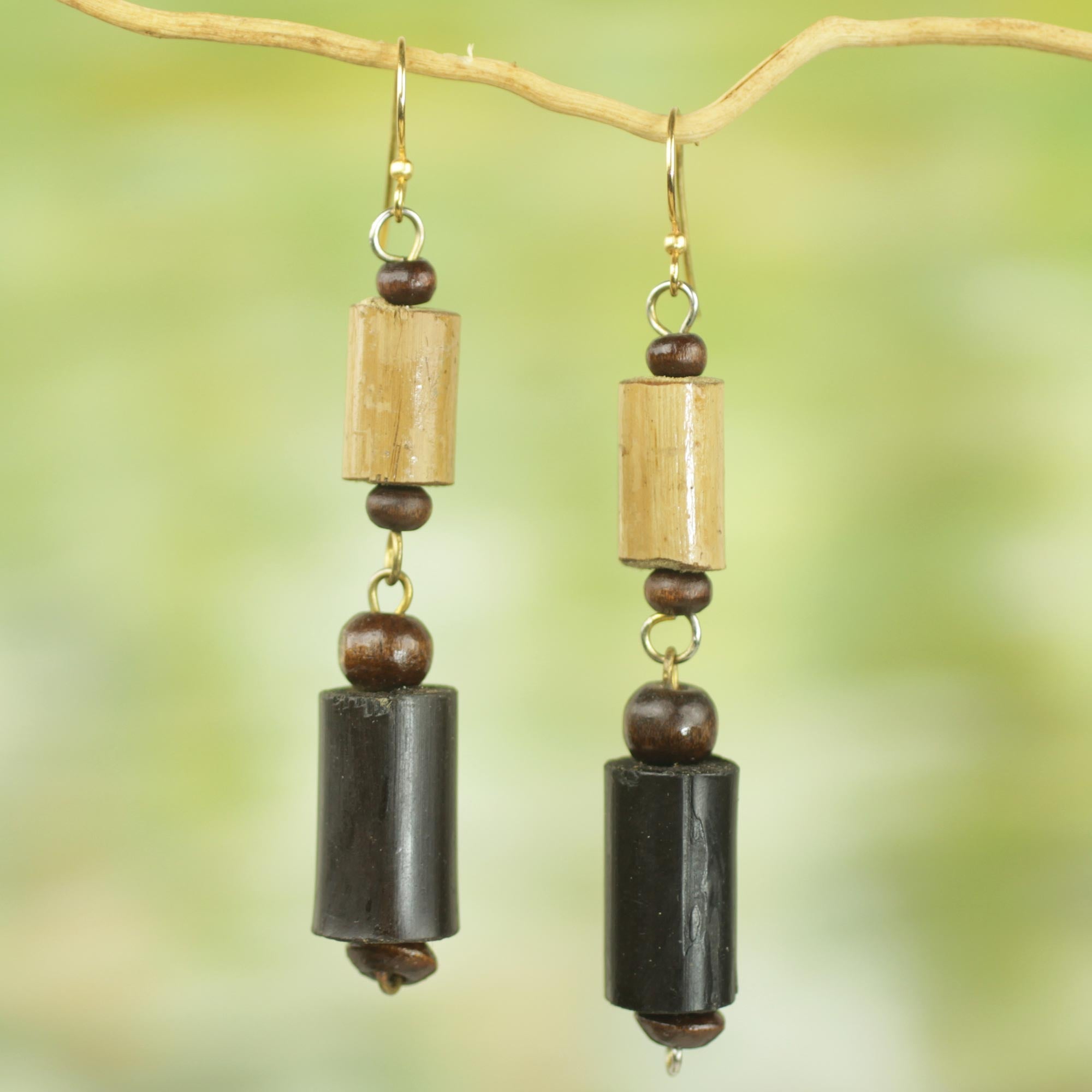 Premium African Bamboo & Sese Wood Dangle Earrings with Brass Hooks – Handcrafted in Ghana