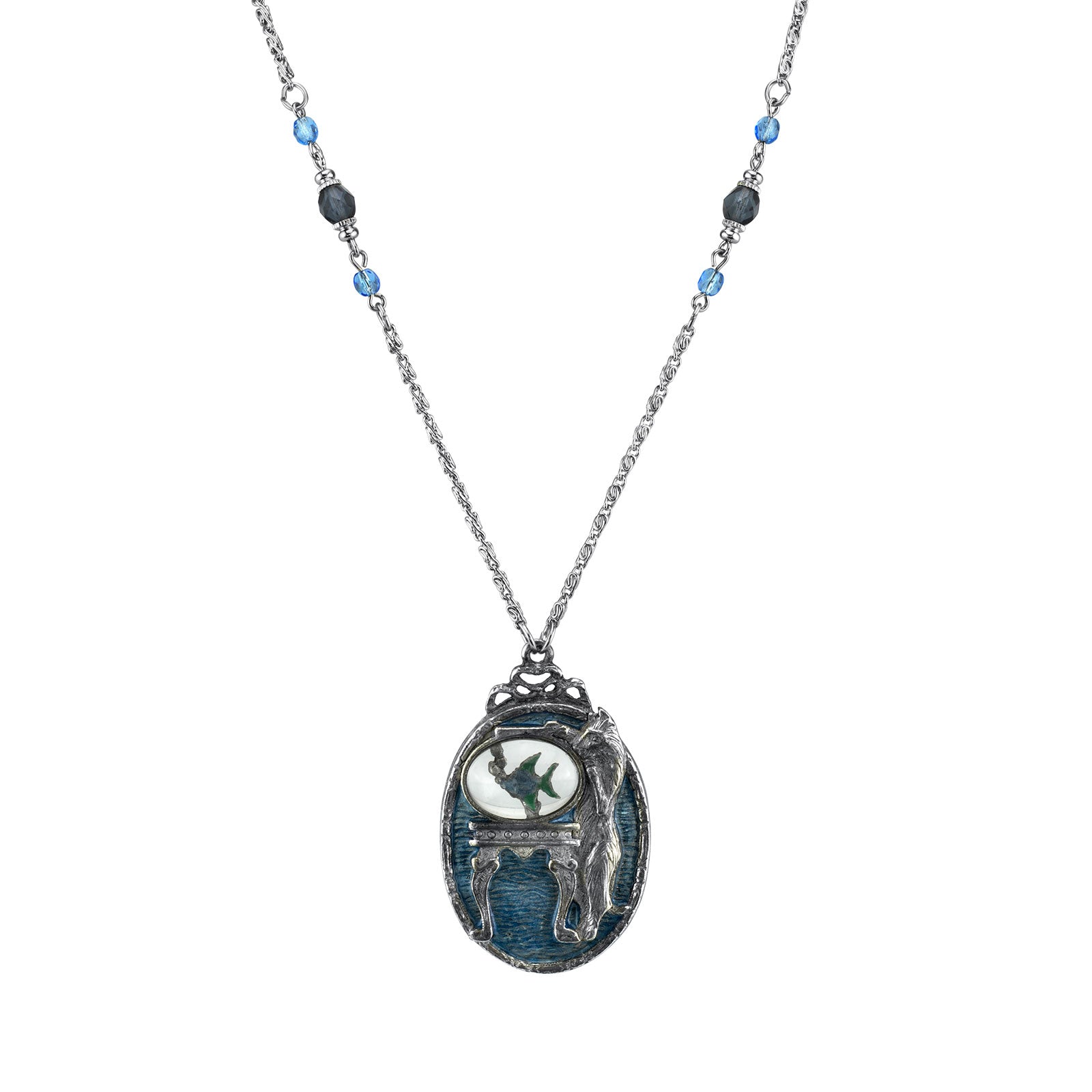 Premium 1928 Jewelry® Vintage Pewter Cat & Blue Enamel Fishbowl Beaded Necklace - 30In