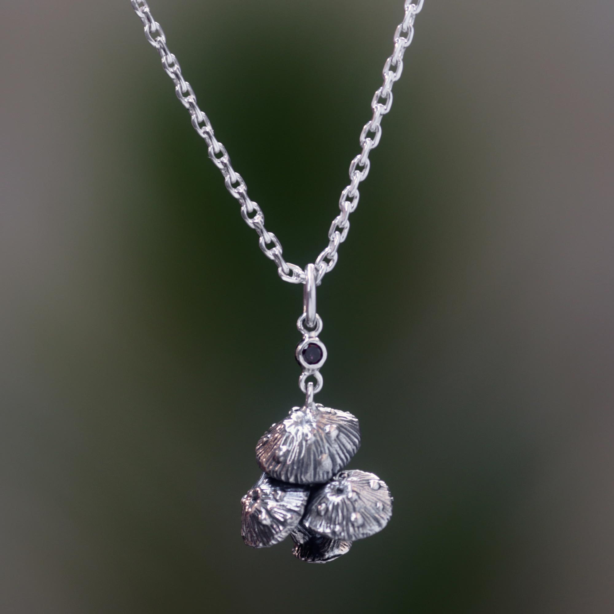 Premium Forest Mushroom Garnet Pendant Necklace - Handcrafted Sterling Silver