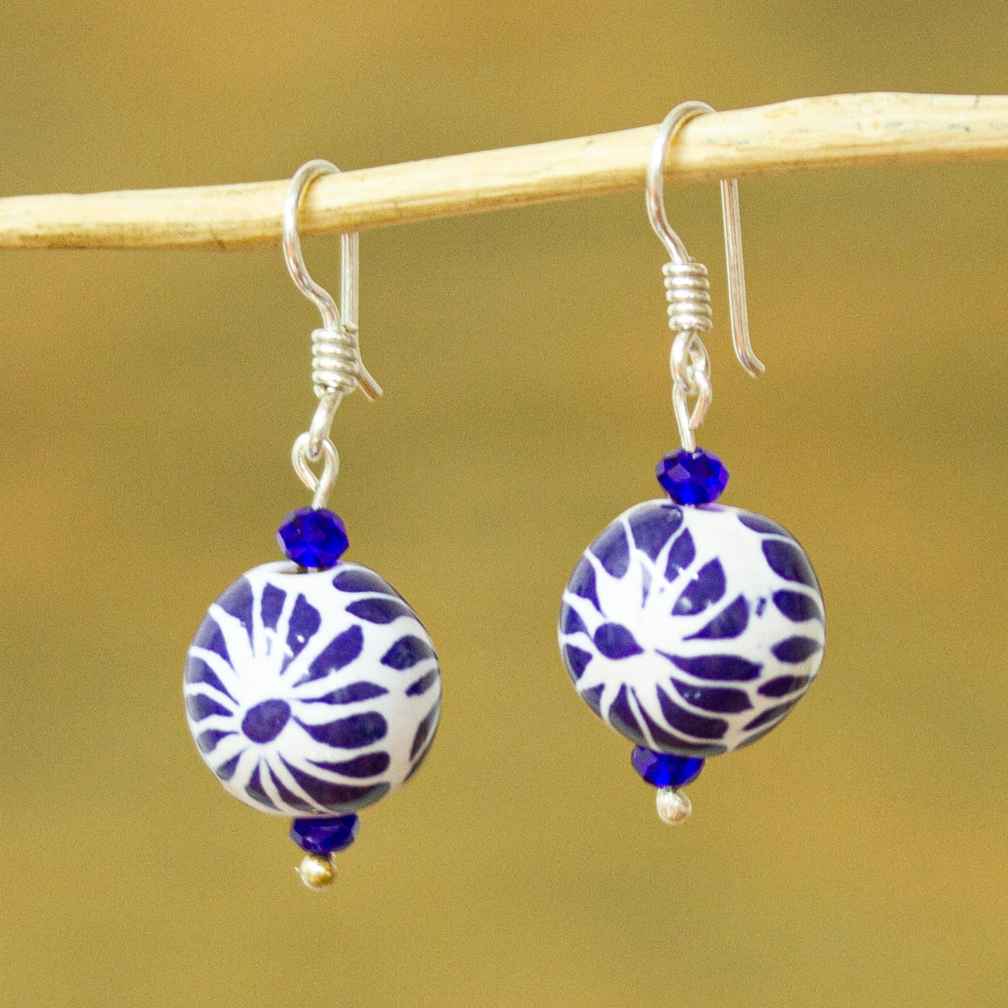 Premium Talavera-Style Ceramic Dangle Earrings with Floral Blue Design