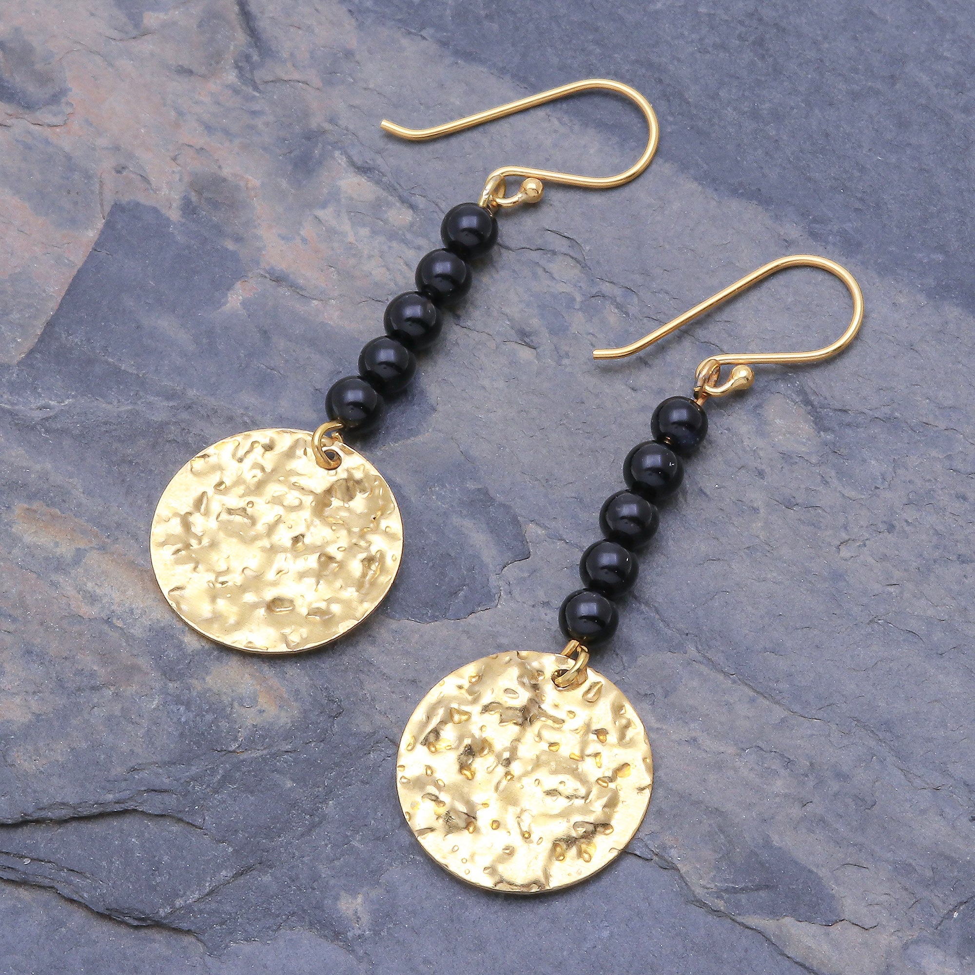 Premium Midnight Black Onyx & Brass Coin Dangle Earrings – Golden Elegance