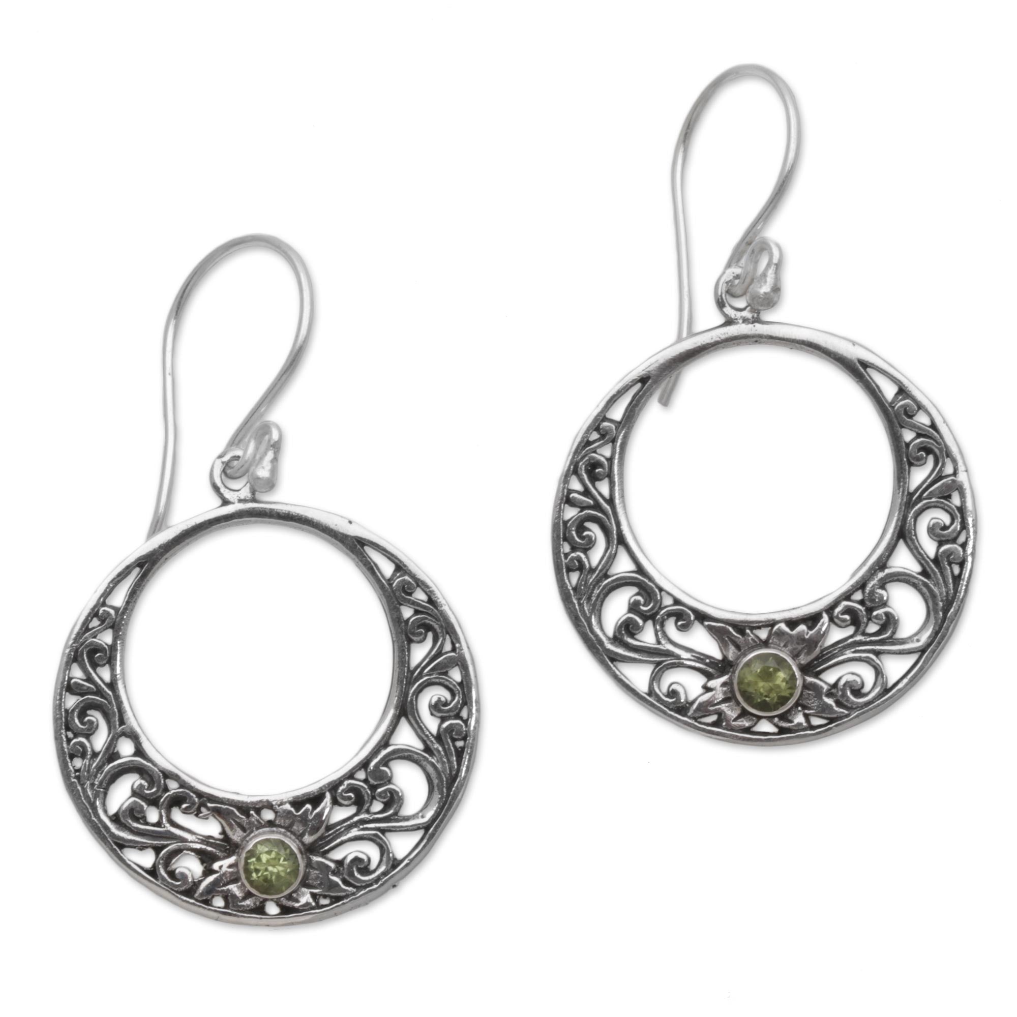 Premium Crescent Spirals Peridot Dangle Earrings - Handcrafted 925 Sterling Silver from Bali