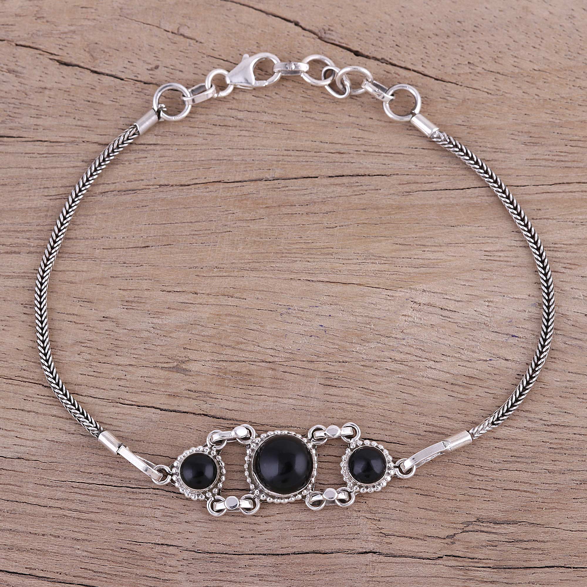 Premium Sterling Silver Onyx Pendant Bracelet with Foxtail Chain