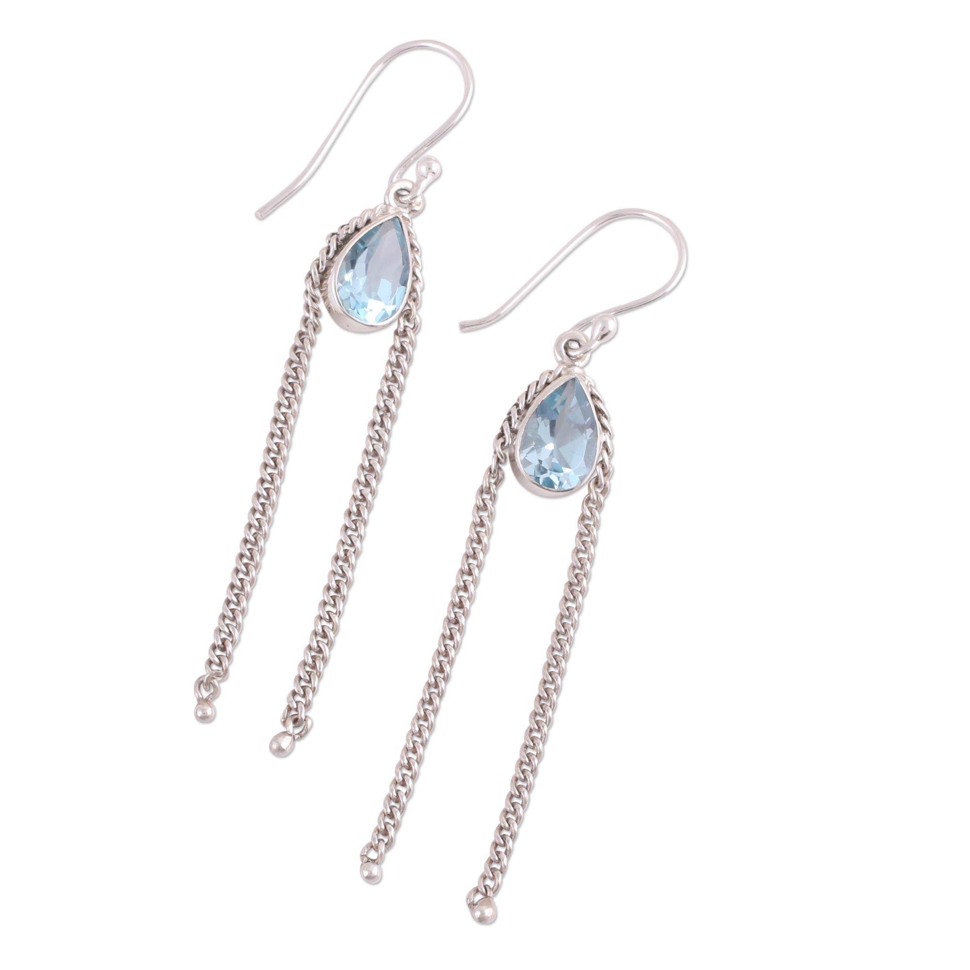 Premium Sky Chains Teardrop Blue Topaz Dangle Earrings - Handcrafted in India