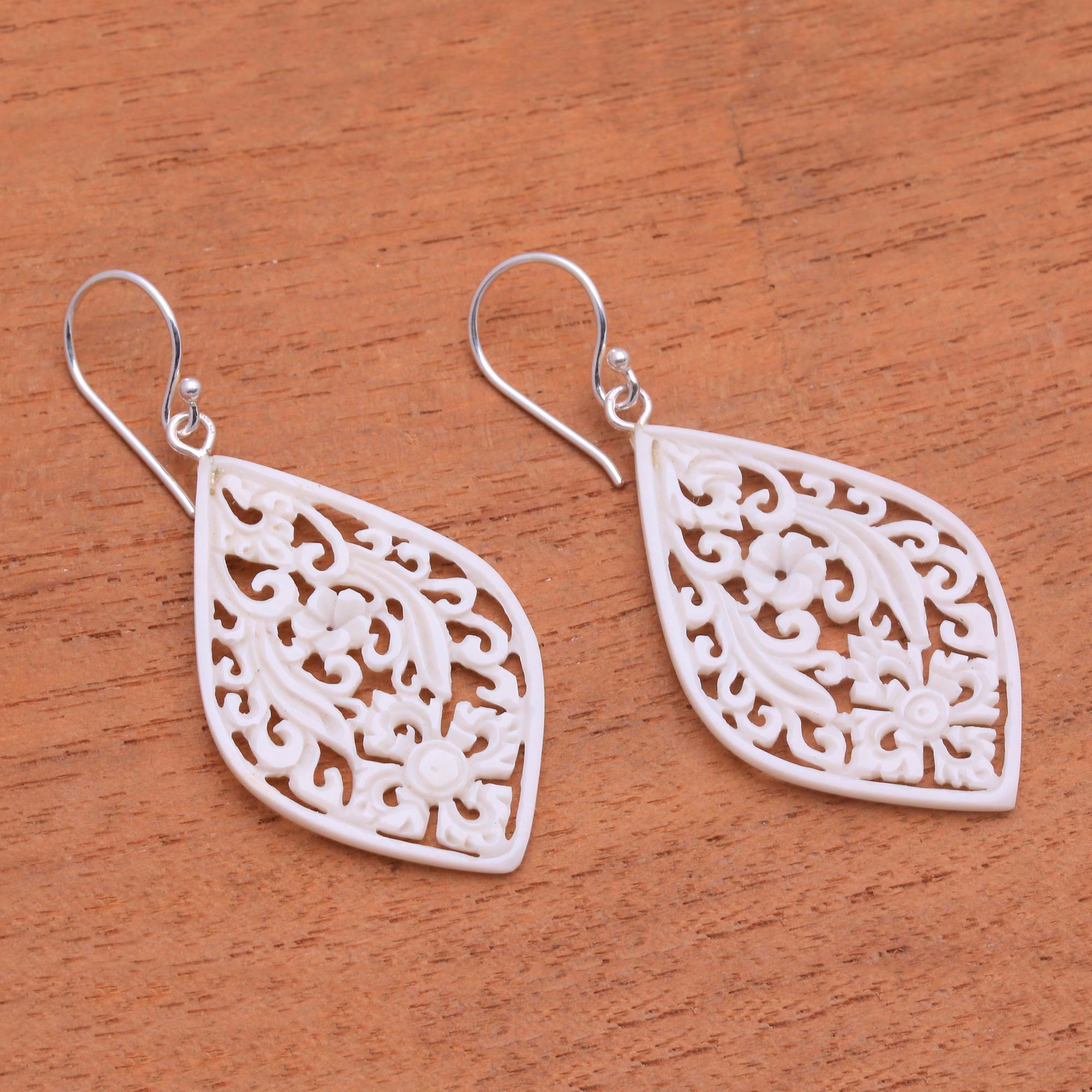 Premium Bali Windows Hand-Carved Floral Bone Dangle Earrings - Authentic Balinese Artistry