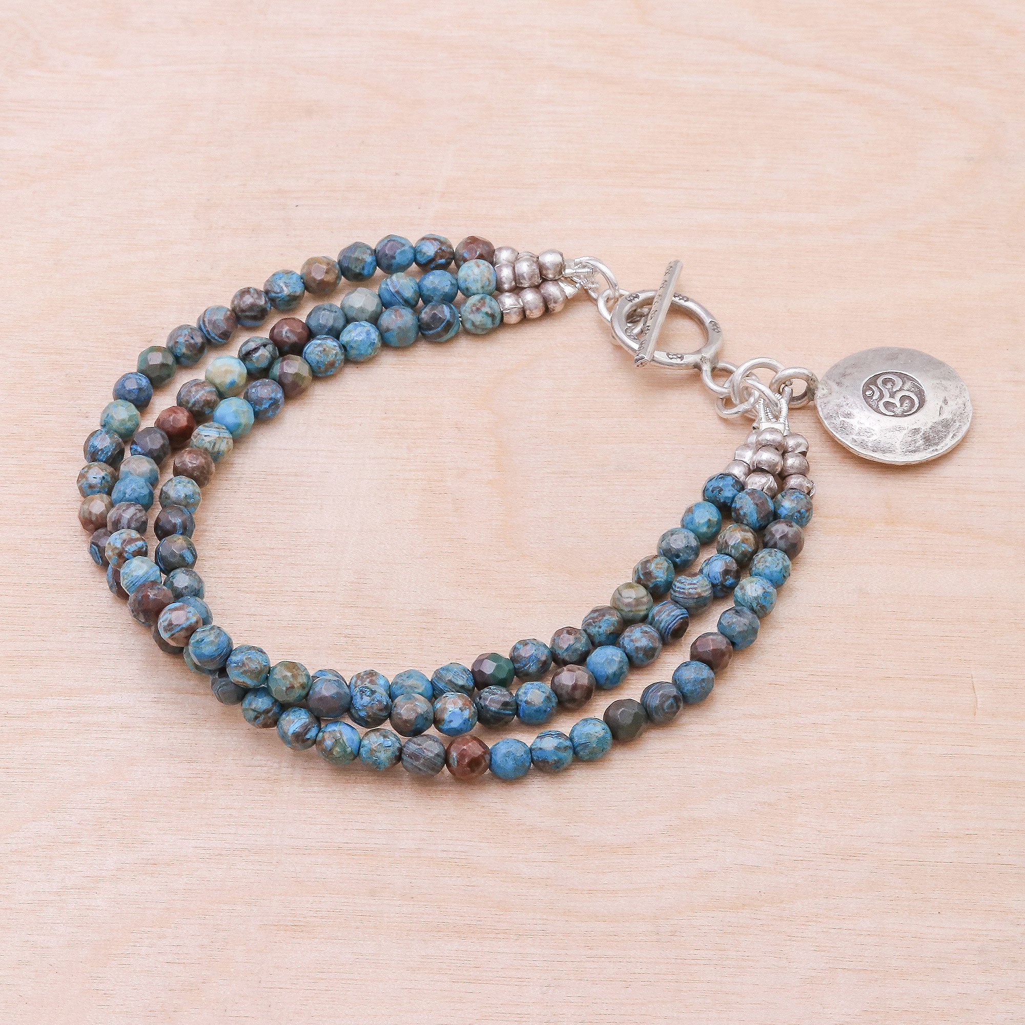 Premium Om Symbol Beaded Bracelet with Blue & Brown Jasper - Handcrafted Silver Charm