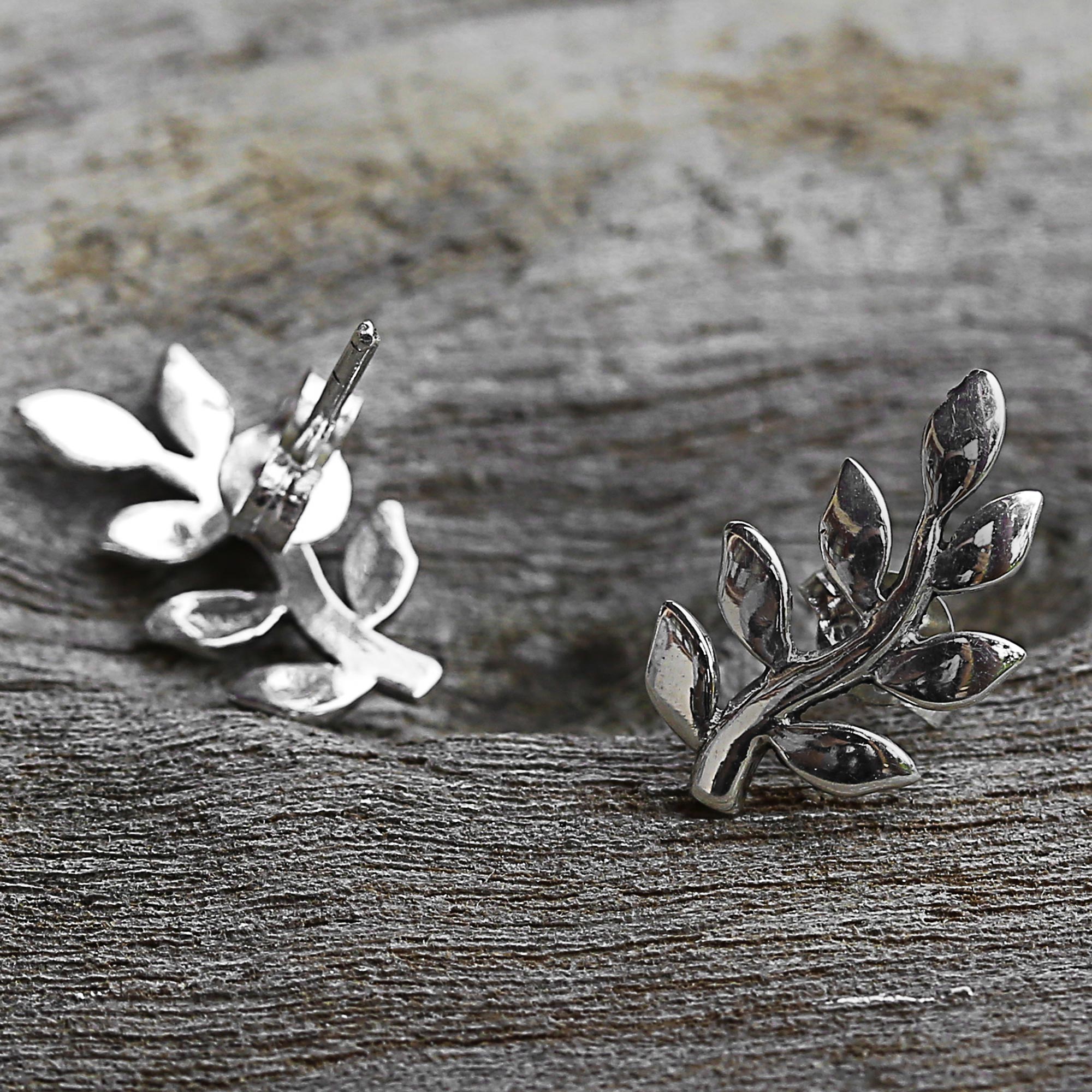 Premium Peaceful Leaves Sterling Silver Button Earrings