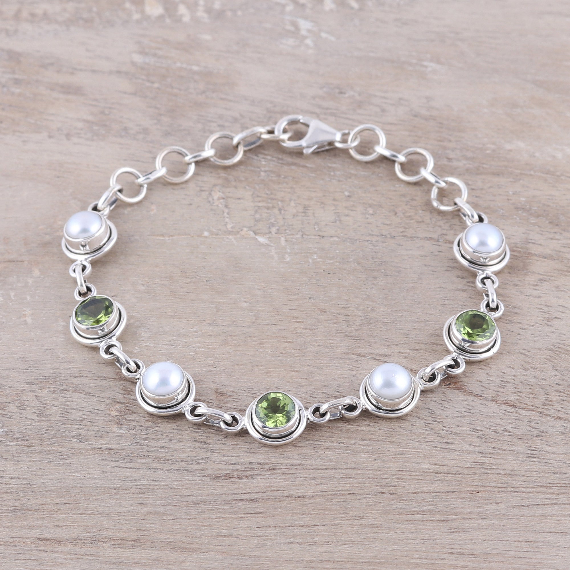 Premium Sterling Silver Peridot & Pearl Bracelet – Handcrafted Elegance from India