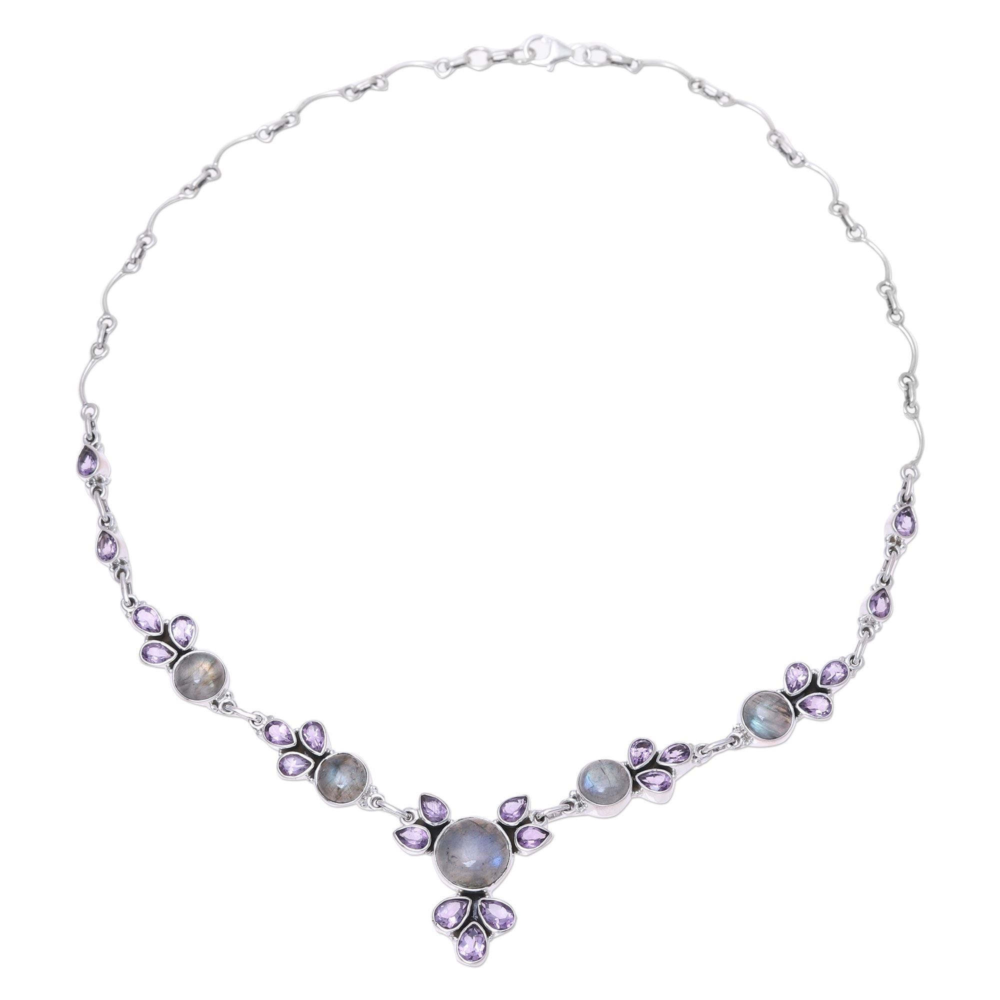 Premium Aurora Blossom Amethyst & Labradorite Sterling Silver Necklace