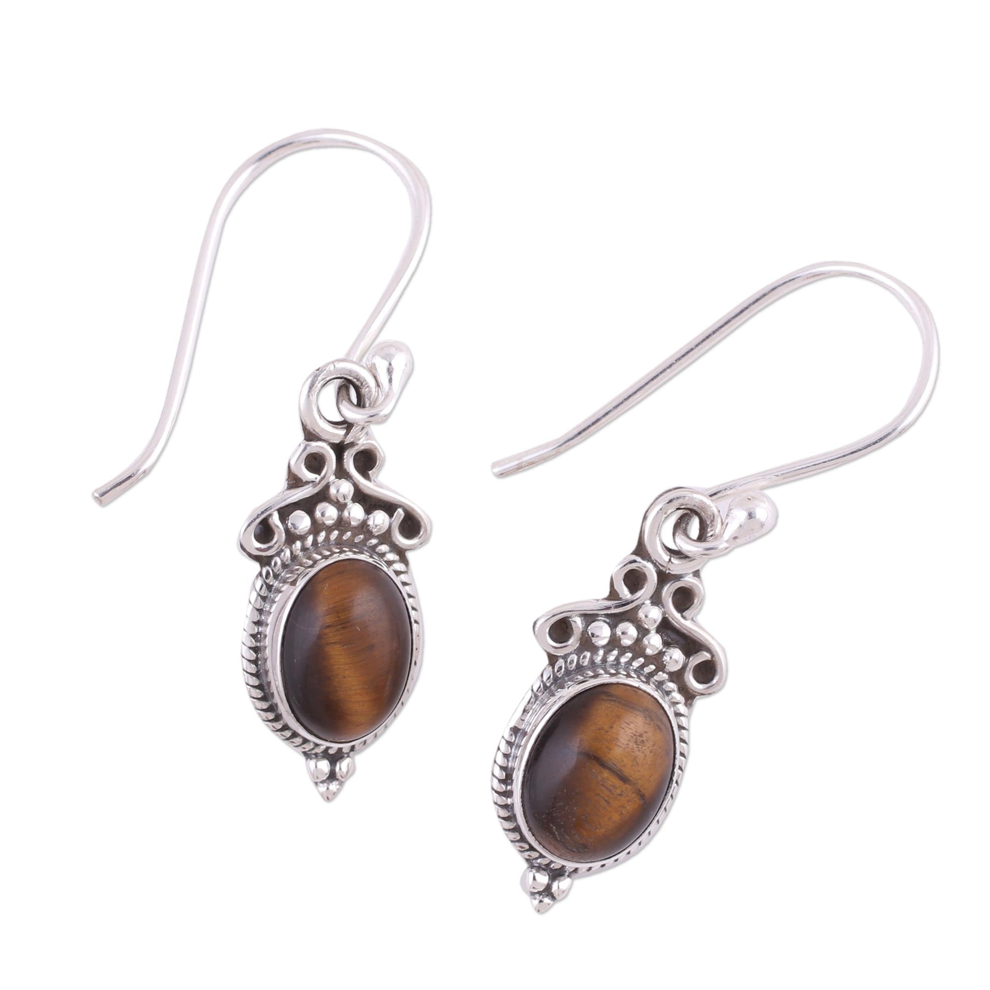 Premium Tiger's Eye Sterling Silver Dangle Earrings - Handcrafted in India