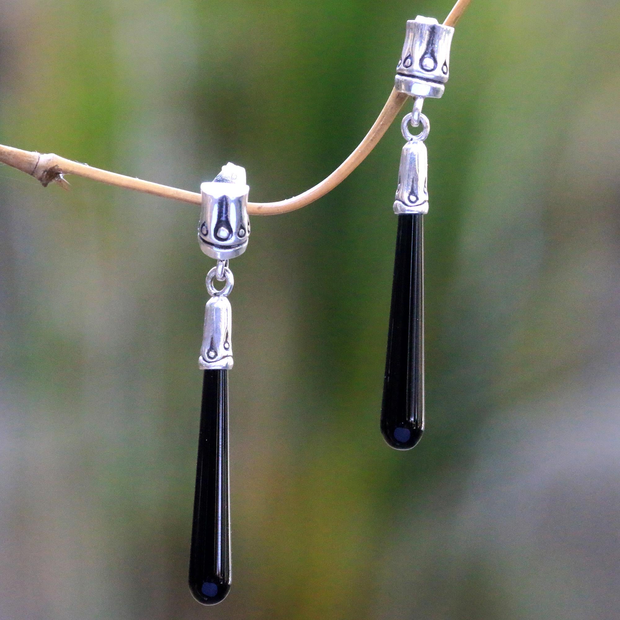 Premium Black Wand Earrings - Handcrafted Onyx & Sterling Silver