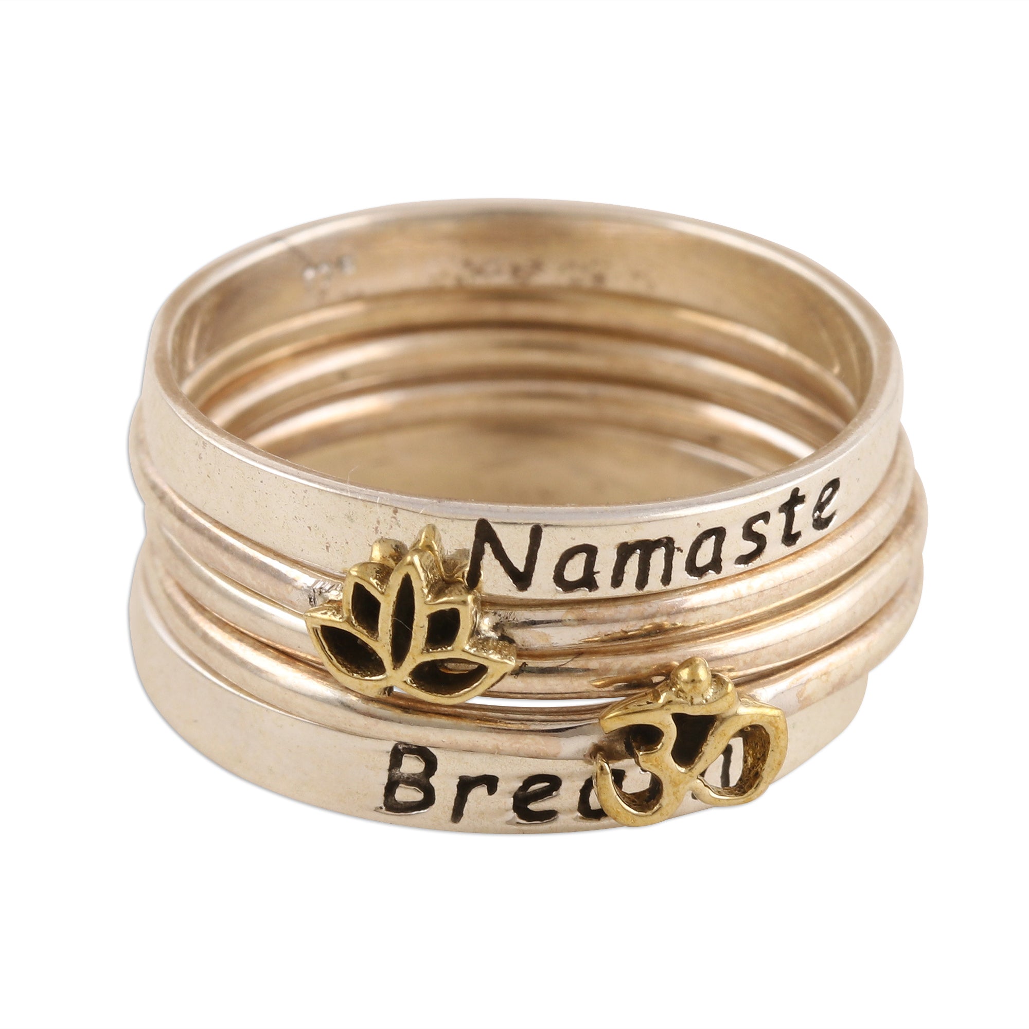 Premium Namaste & Breathe Stackable Sterling Silver Rings - Ultimate Peaceful Greetings