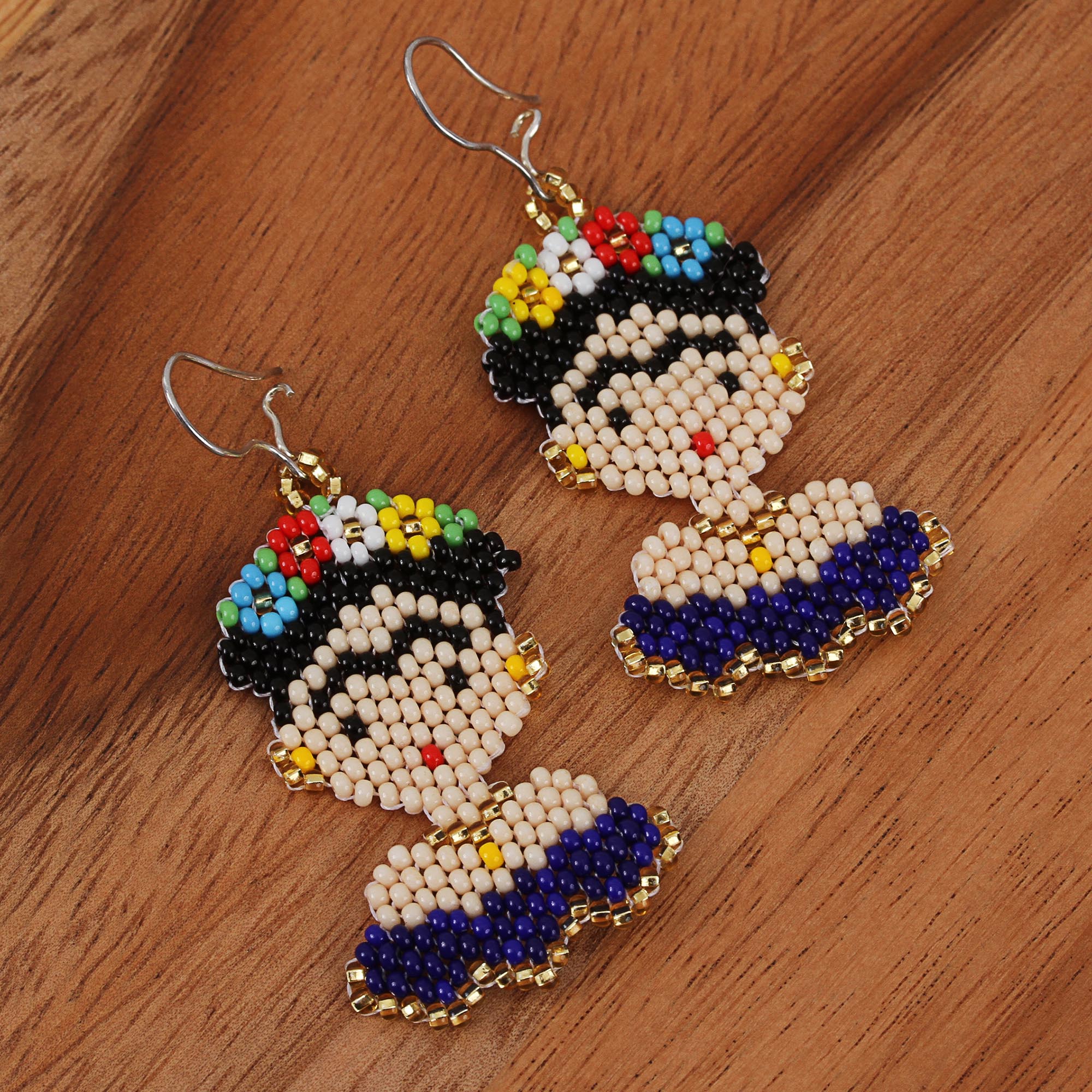 Premium Blue Frida Kahlo Glass Beaded Dangle Earrings – Handcrafted in Mexico