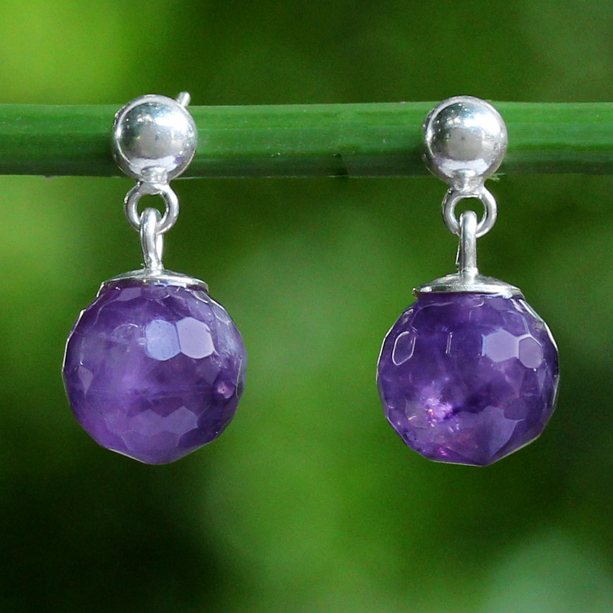 Premium Romantic Night Faceted Amethyst Sterling Silver Dangle Earrings - Handcrafted in Thailand