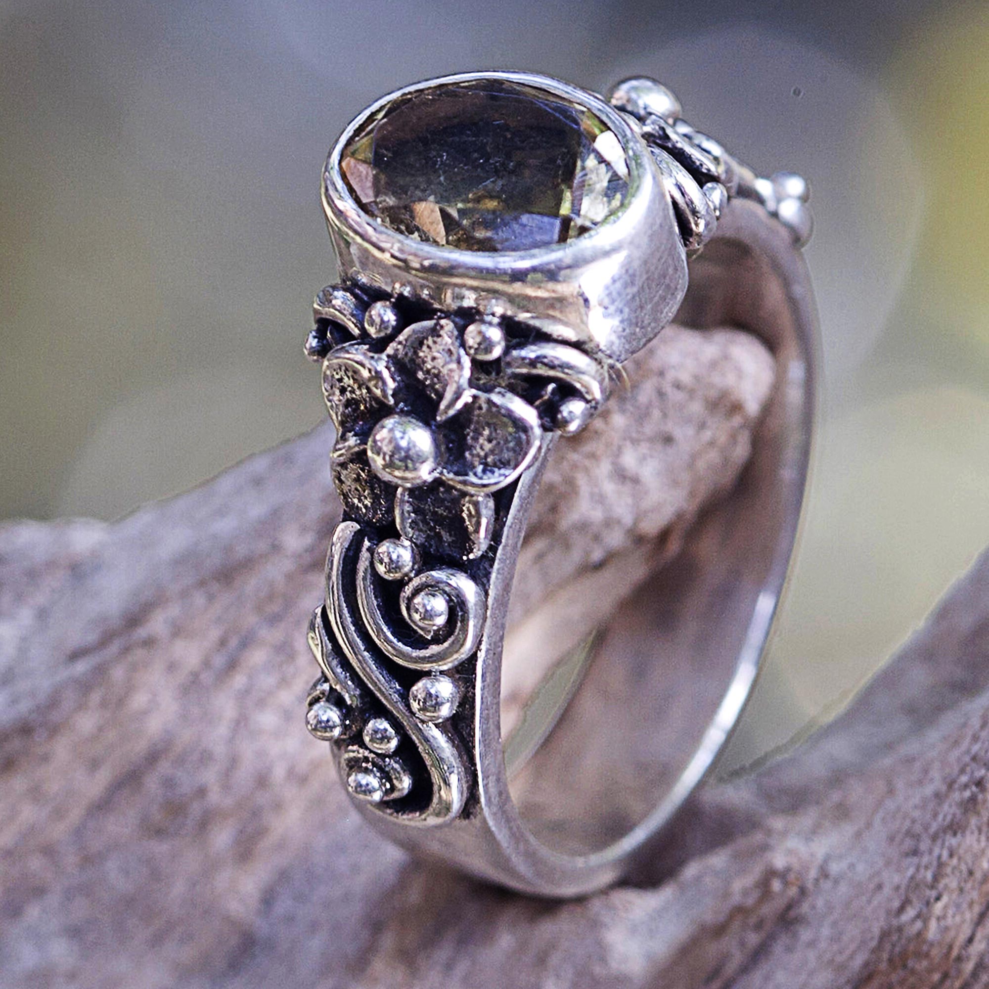 Premium Sterling Silver Citrine Cocktail Ring with Floral Design