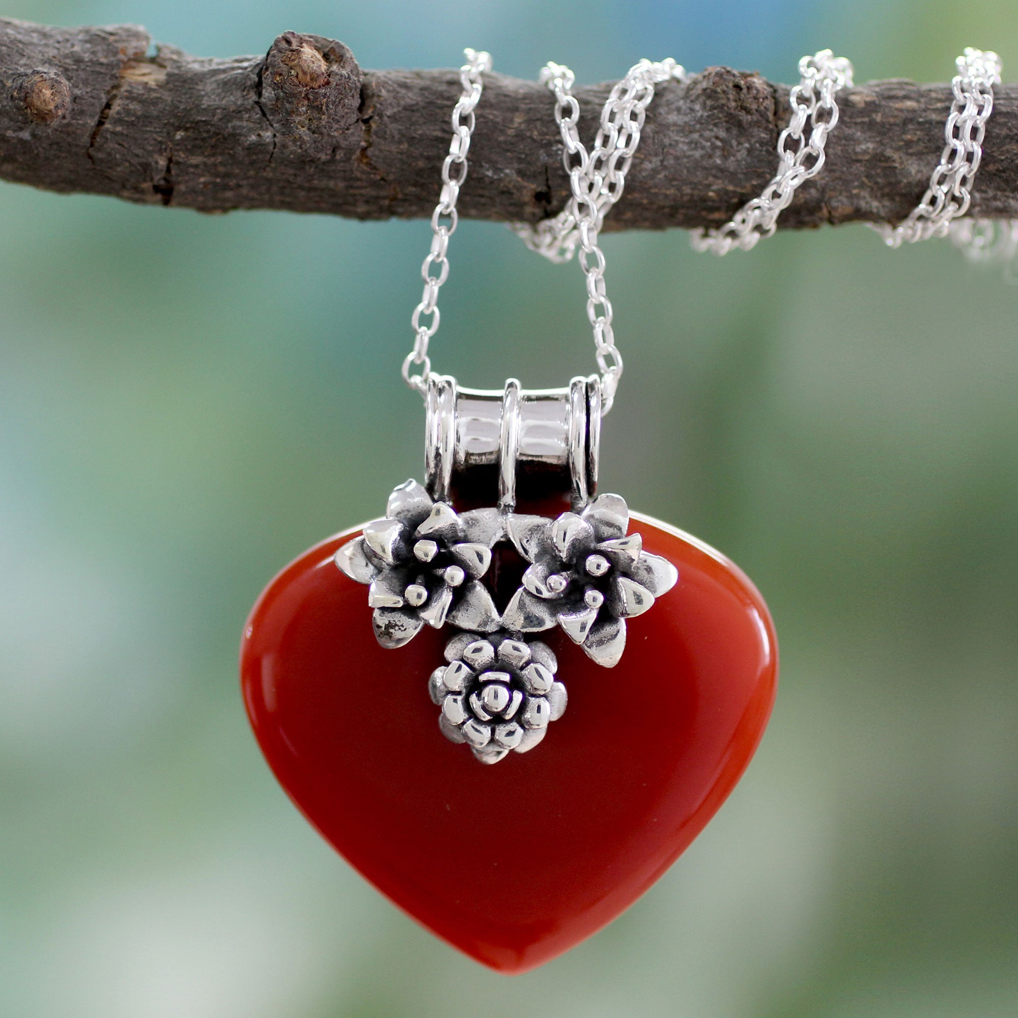 Premium Love Declared Heart Shaped Sterling Silver & Carnelian Necklace