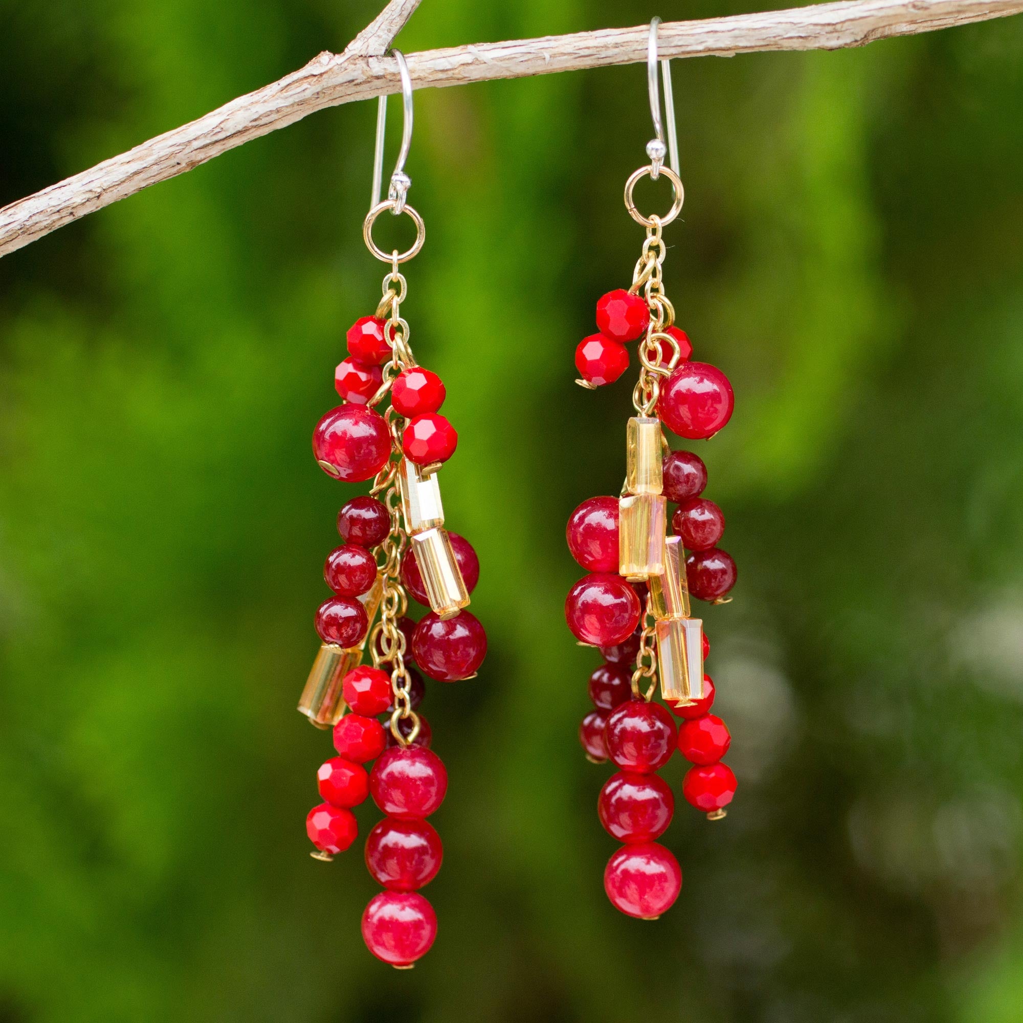 Premium Red Quartz Beaded Earrings with 24k Gold Plated Chains - Ultimate Elegance