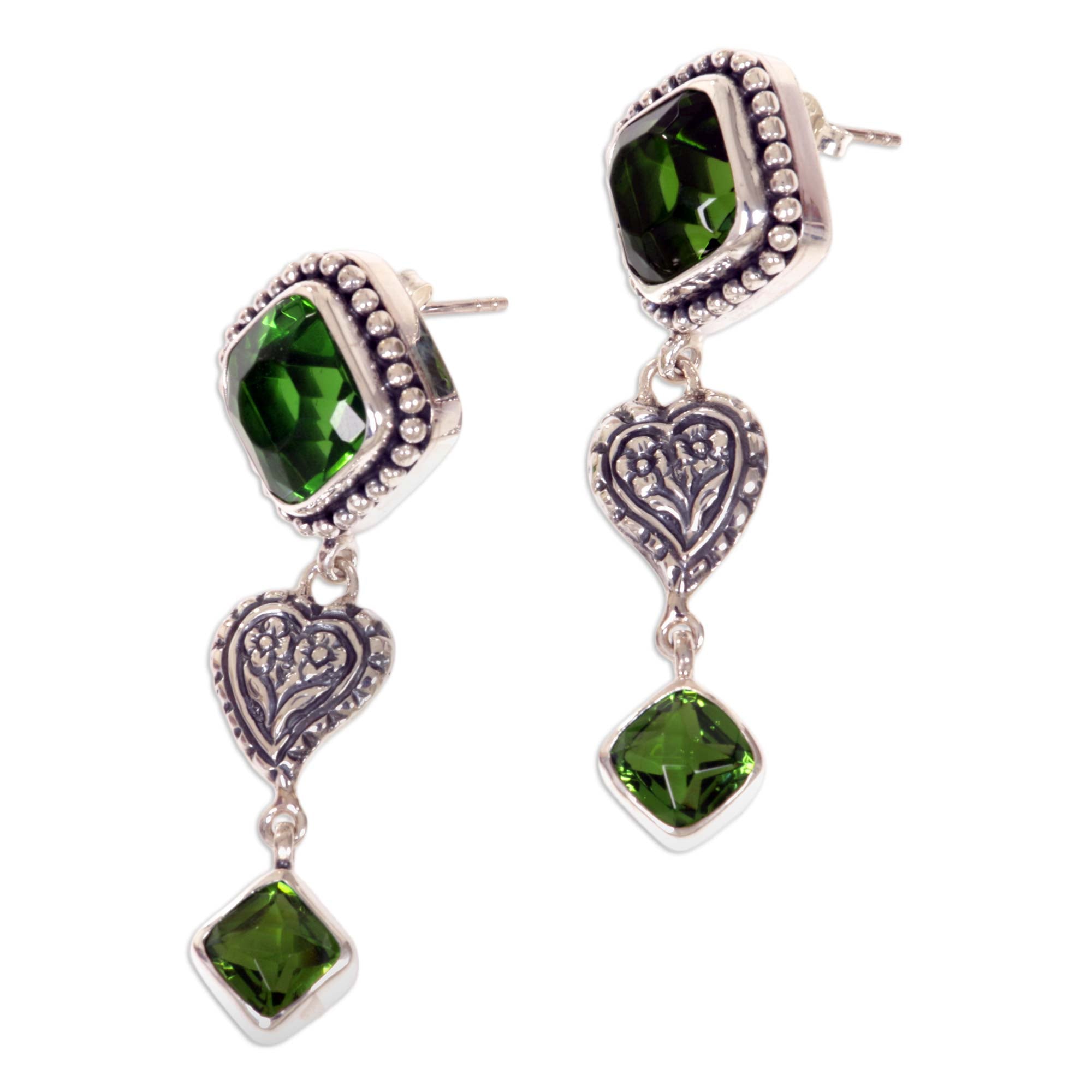 Premium Sterling Silver Heart Drop Earrings with Green Glass Accents