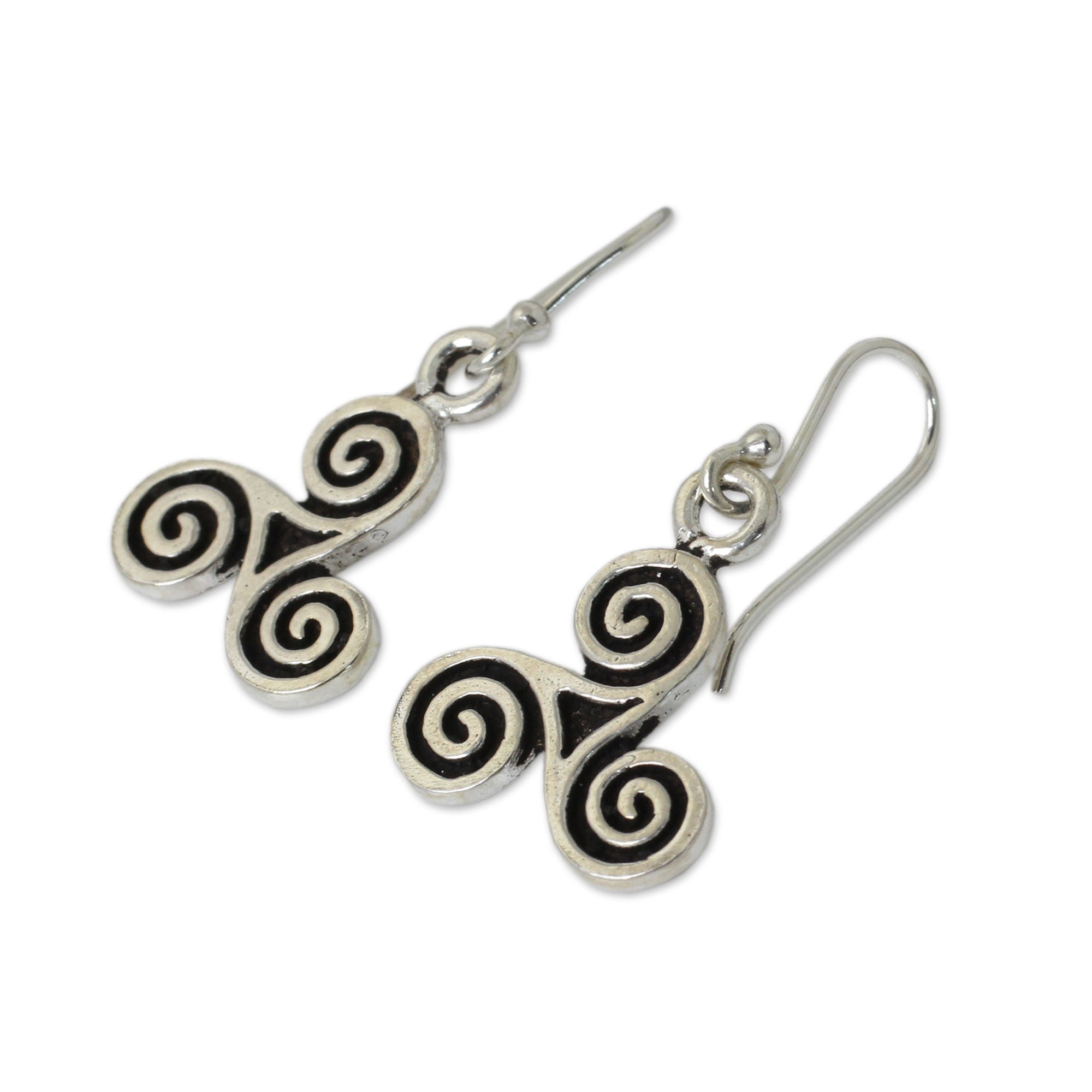 Premium Celtic Tri-Spiral Silver Dangle Earrings – Handcrafted Elegance