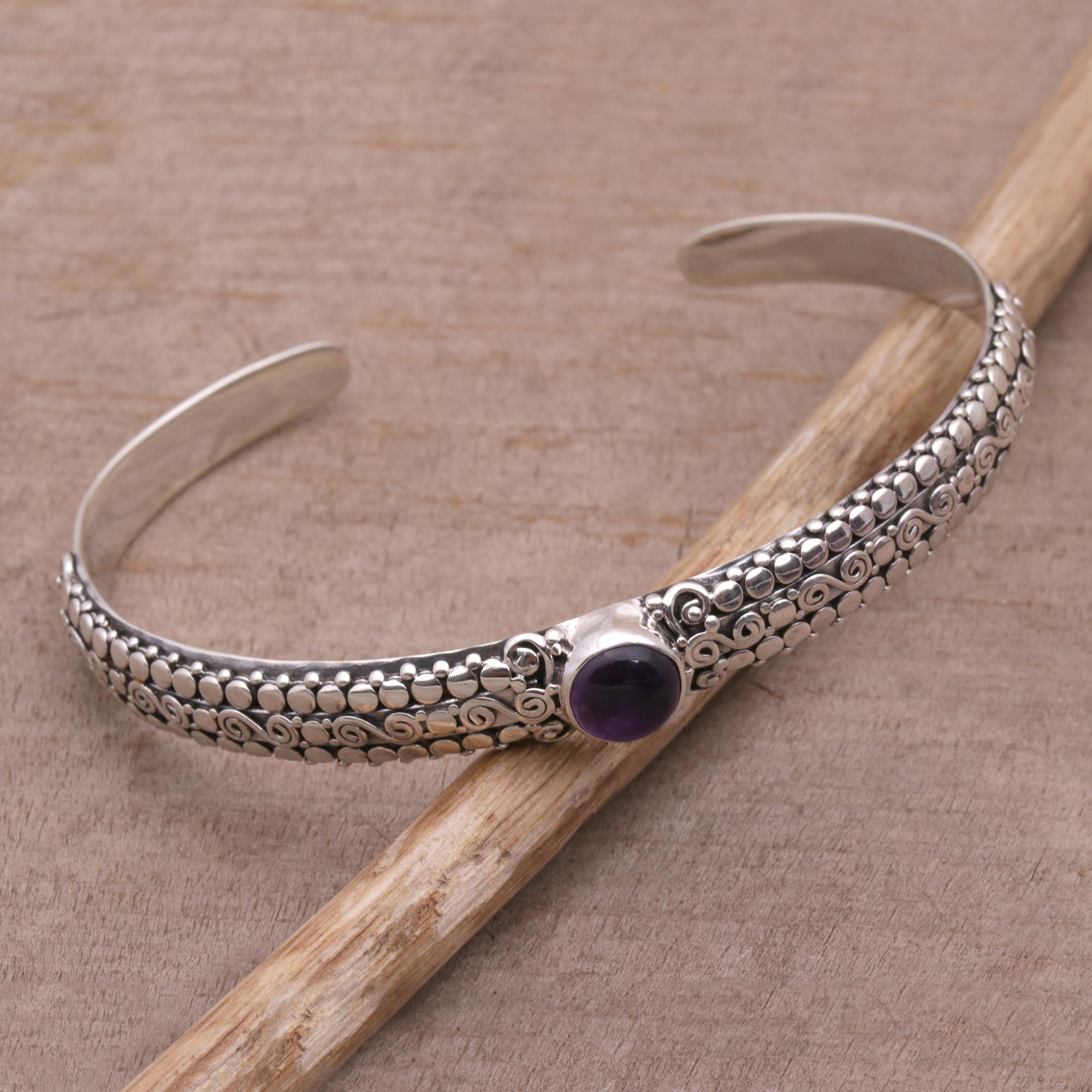 Premium Amethyst & Sterling Silver Cuff Bracelet - Handcrafted in Bali