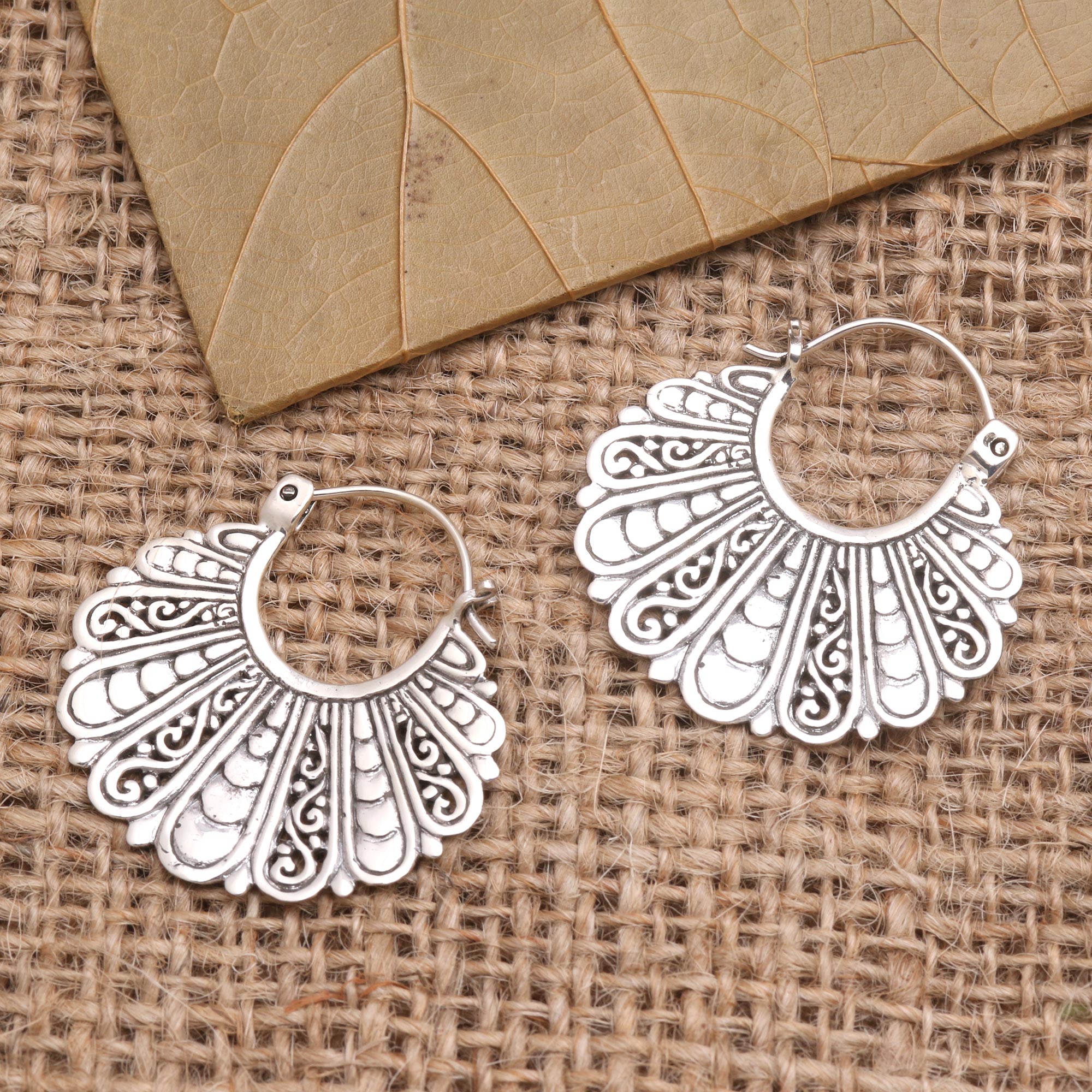 Premium Sukawati Fan-Shaped Sterling Silver Hoop Earrings