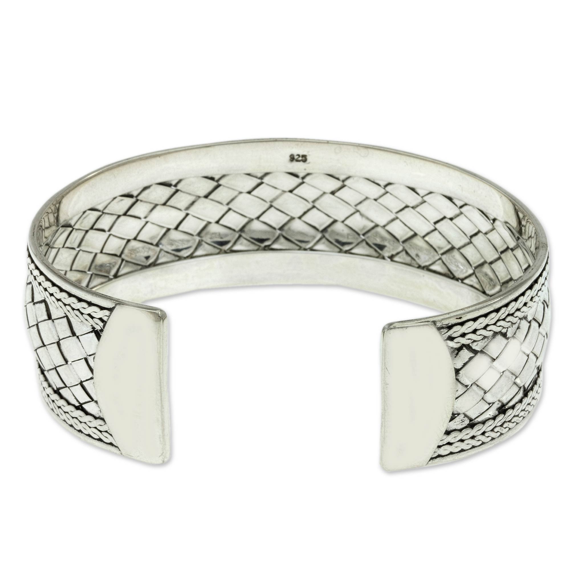 Premium Pandan Woven Sterling Silver Cuff Bracelet - Handcrafted Elegance