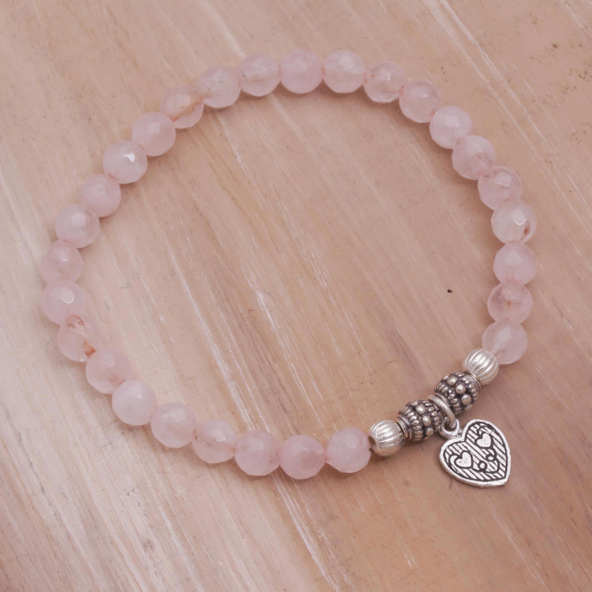 Premium Rose Quartz Heart Charm Bracelet - Handcrafted in Bali