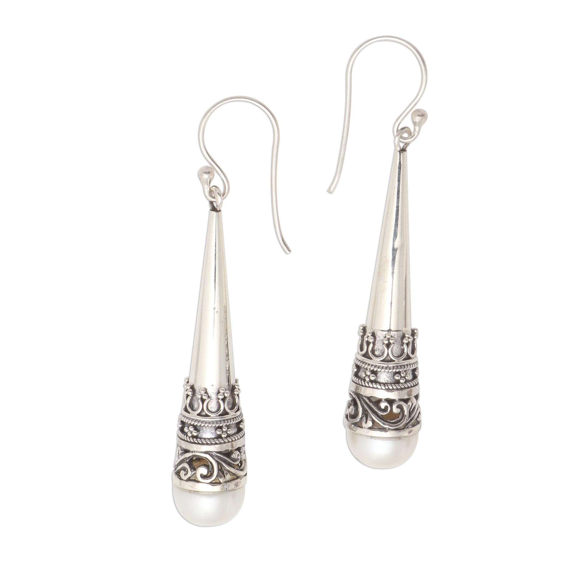 Premium Bali Cornet Sterling Silver Dangle Earrings with Cultured Pearl – Timeless Elegance