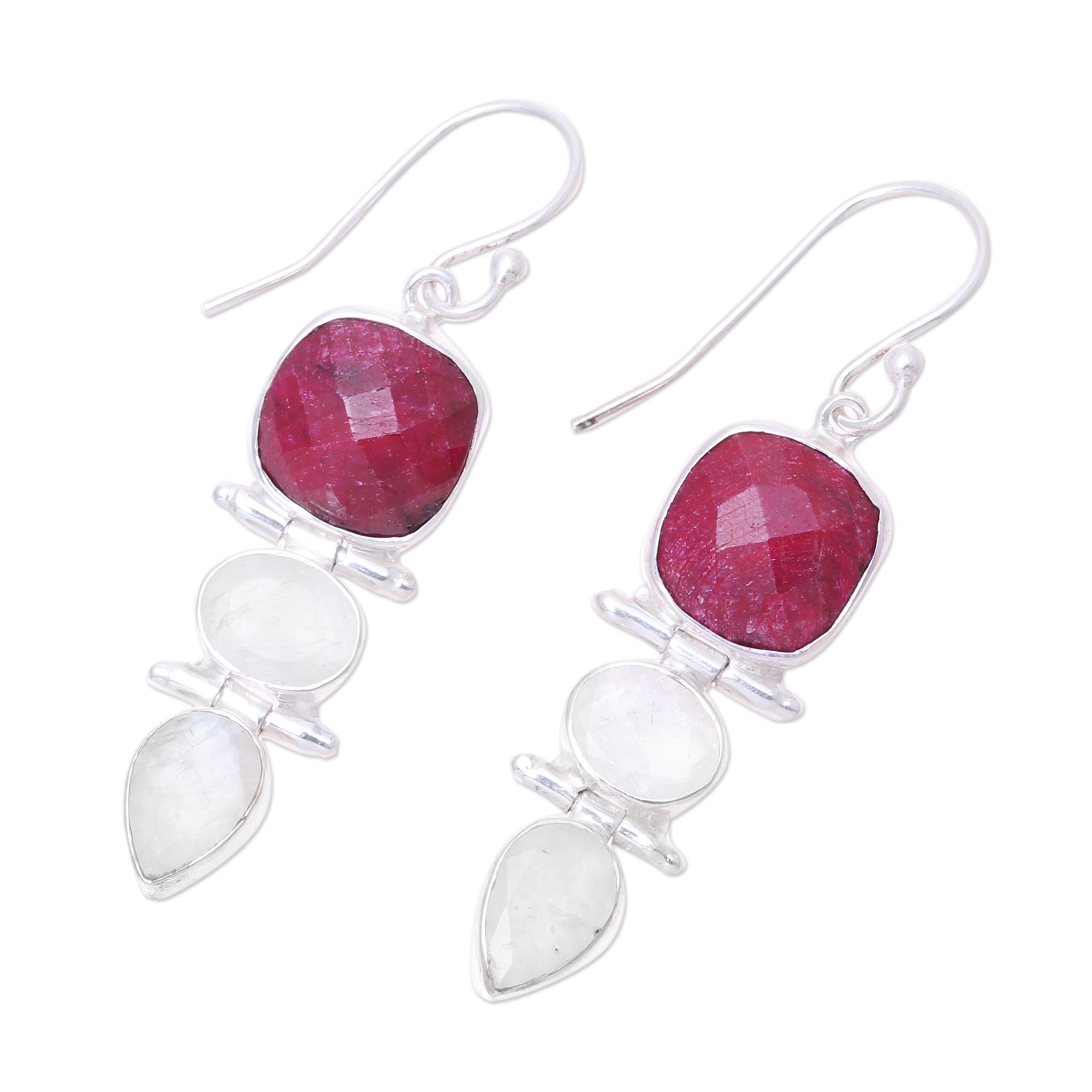 Premium Glittering Muse Ruby & Rainbow Moonstone Dangle Earrings – Handcrafted in India