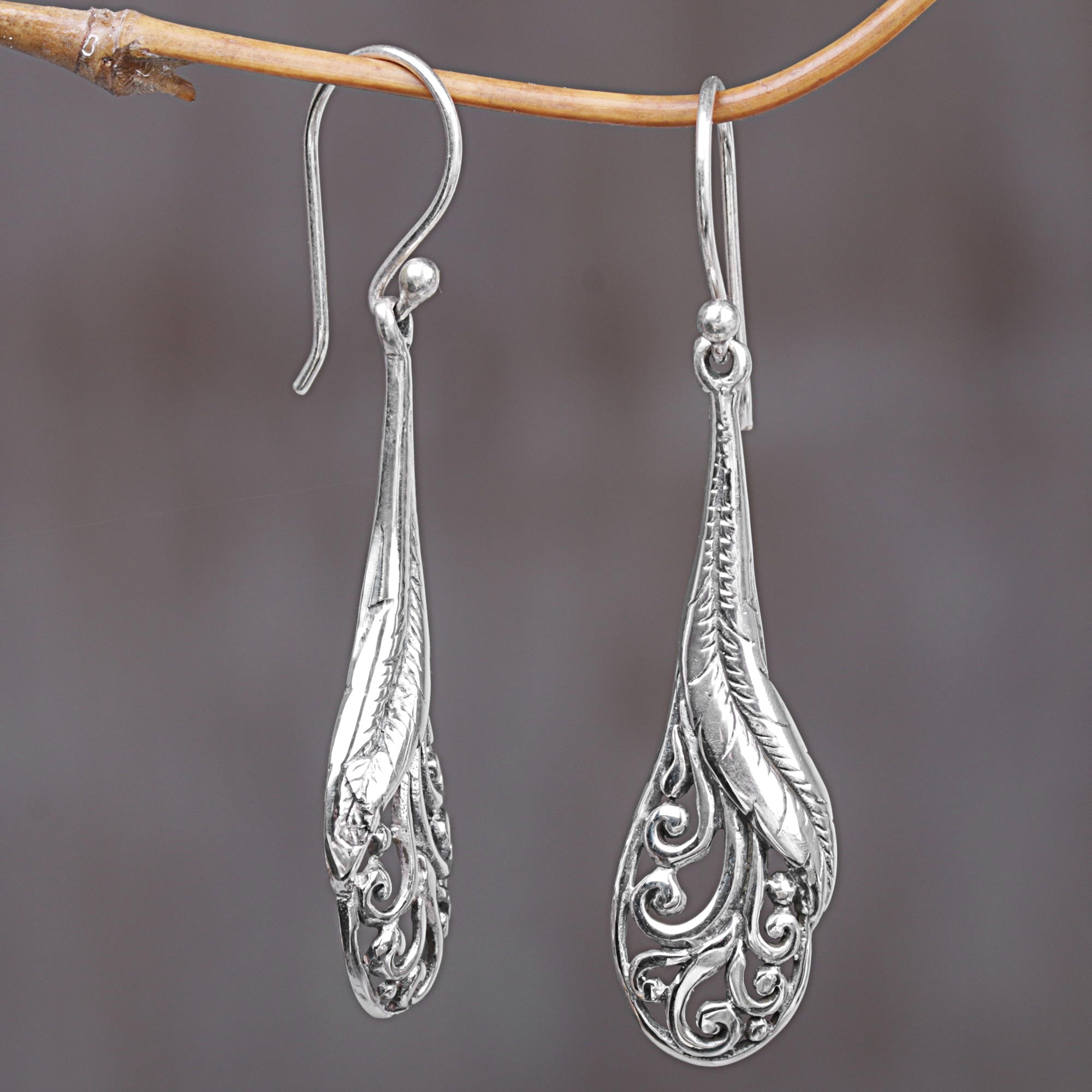 Premium Handcrafted Sterling Silver Peacock Feather Dangle Earrings - Elegant Indonesian Design