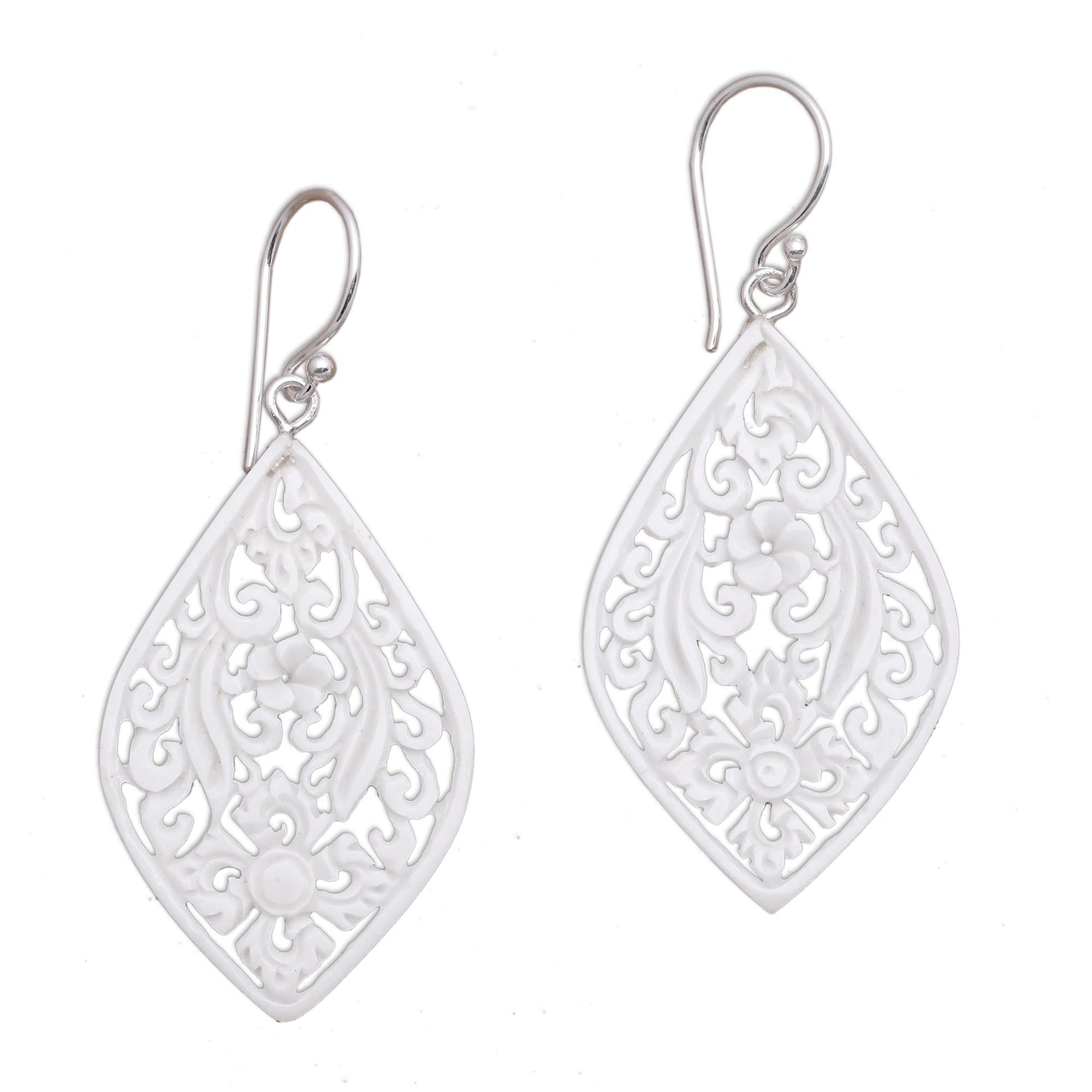 Premium Bali Windows Hand-Carved Floral Bone Dangle Earrings - Authentic Balinese Artistry