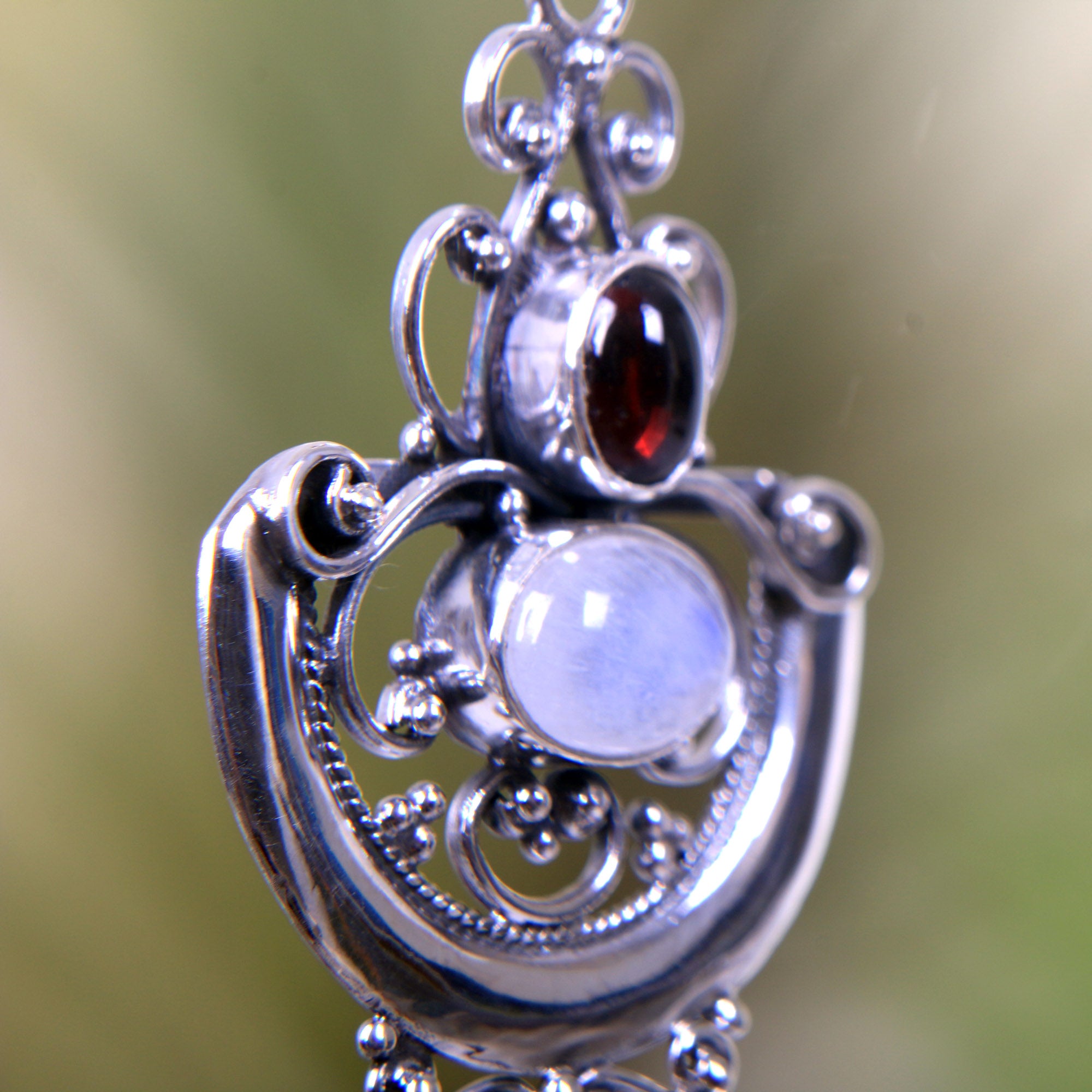 Premium Arabesque Rainbow Moonstone & Garnet Necklace